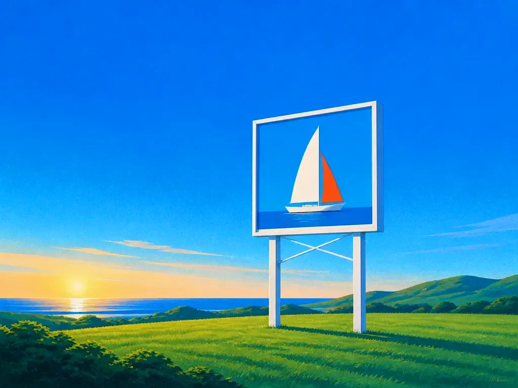 A lone billboard in a field showing a sailboat