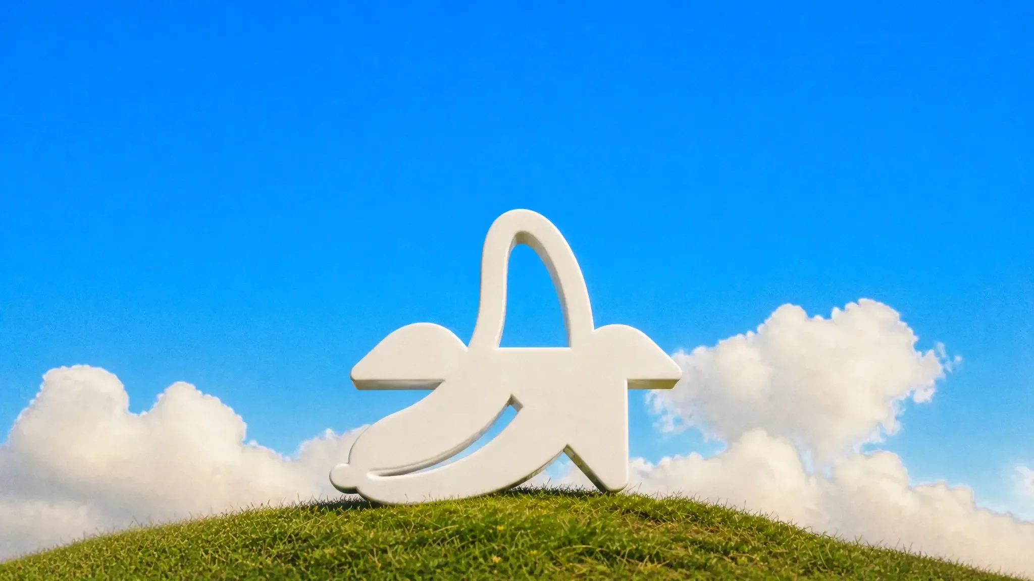 The Nano Banana logo as a white sculpture on a grassy hilltop under a blue sky