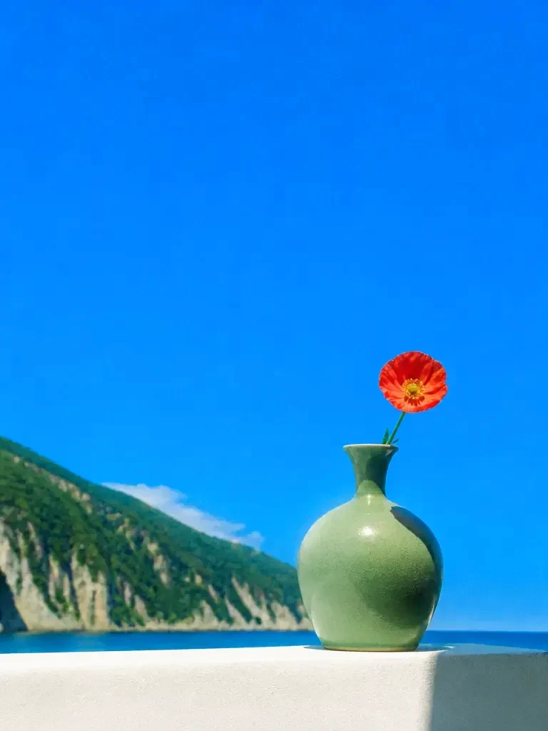 A single sage-green ceramic vase on a white ledge against a deep cobalt sky, one vermilion flower in it