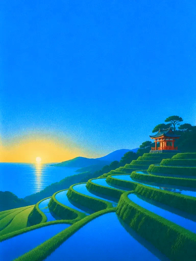 Green rice terraces stepping down a hillside at sunrise beneath a deep cobalt sky, a small vermilion shrine on one terrace