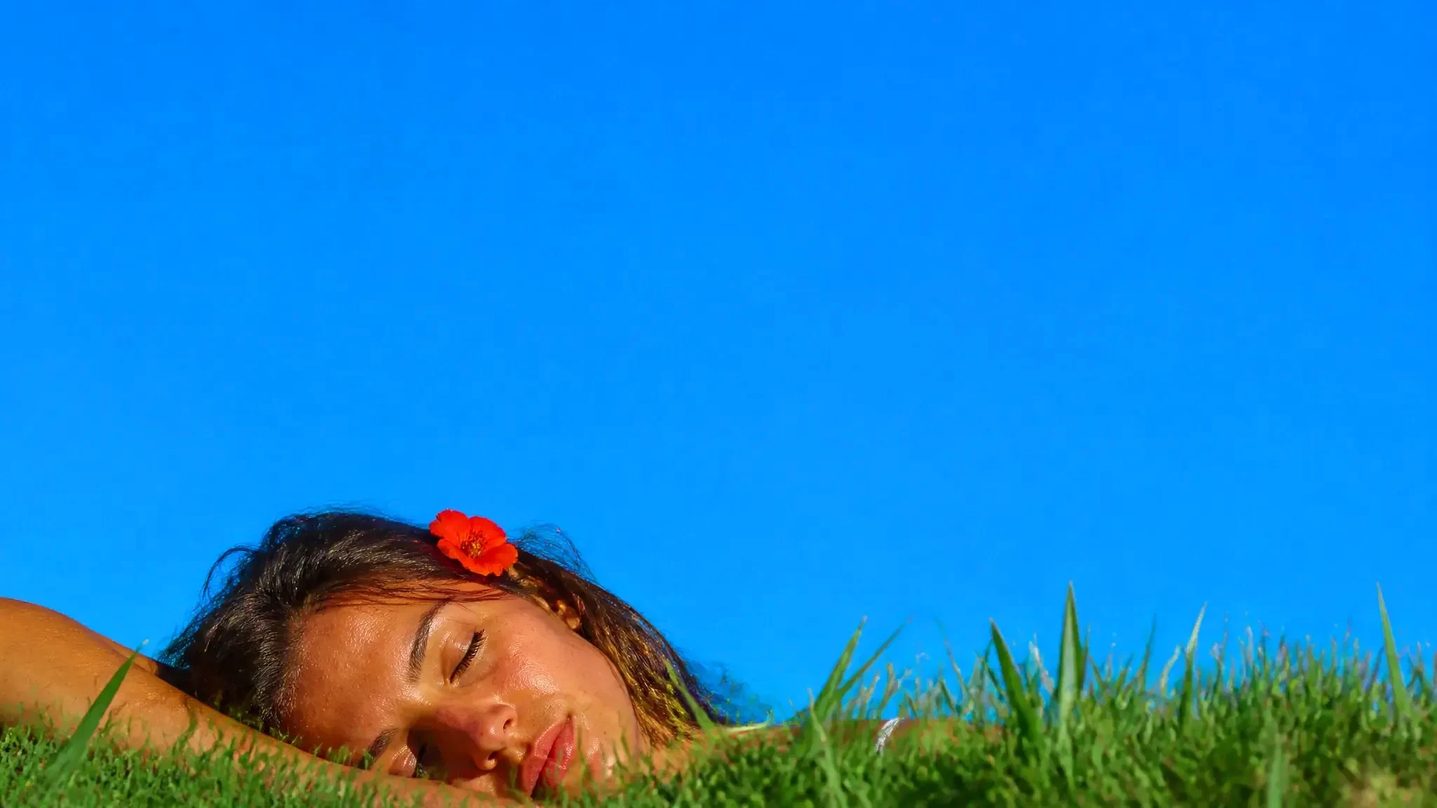 A woman asleep in tall grass with a red flower behind her ear