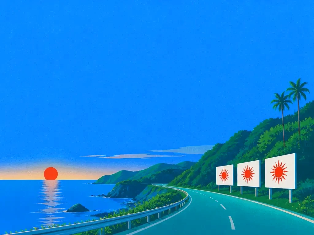 Three matching billboards along a coastal road