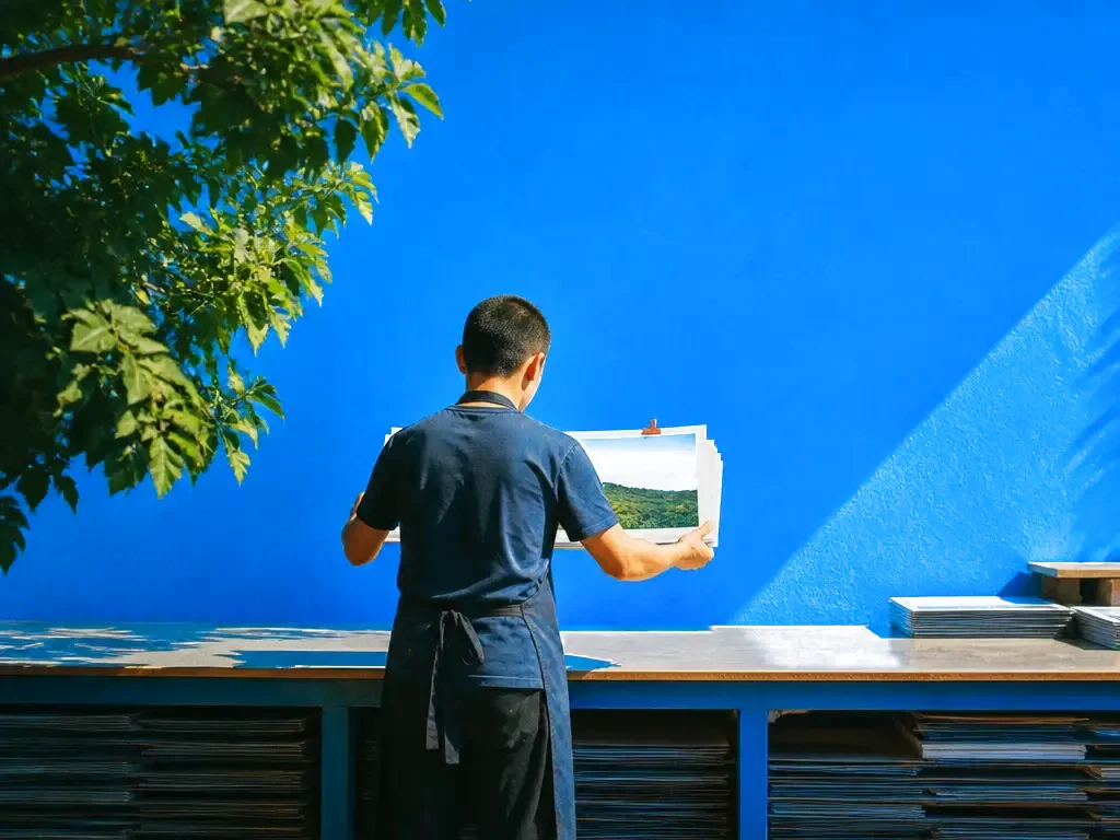 A printer lifting a stack of fresh prints