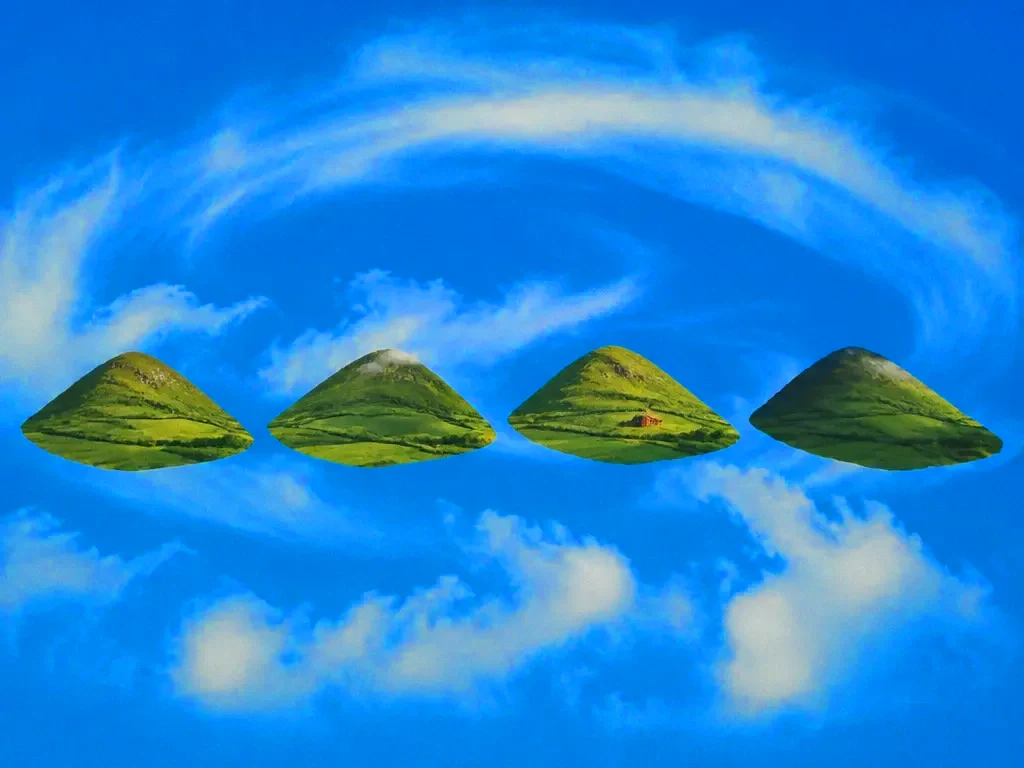Four versions of one hill floating in the sky