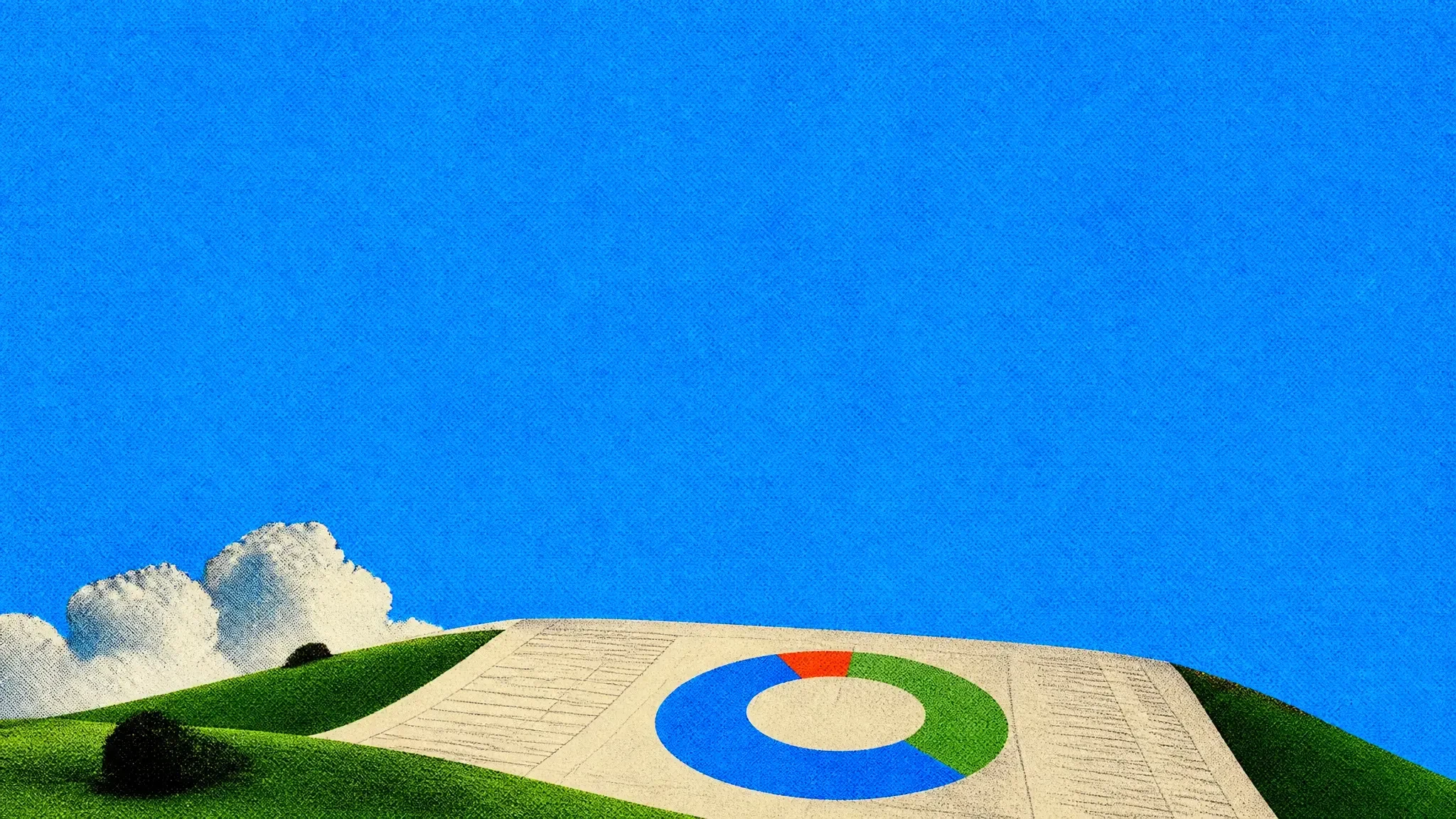 A giant ledger sheet with a donut chart lying on a green hill