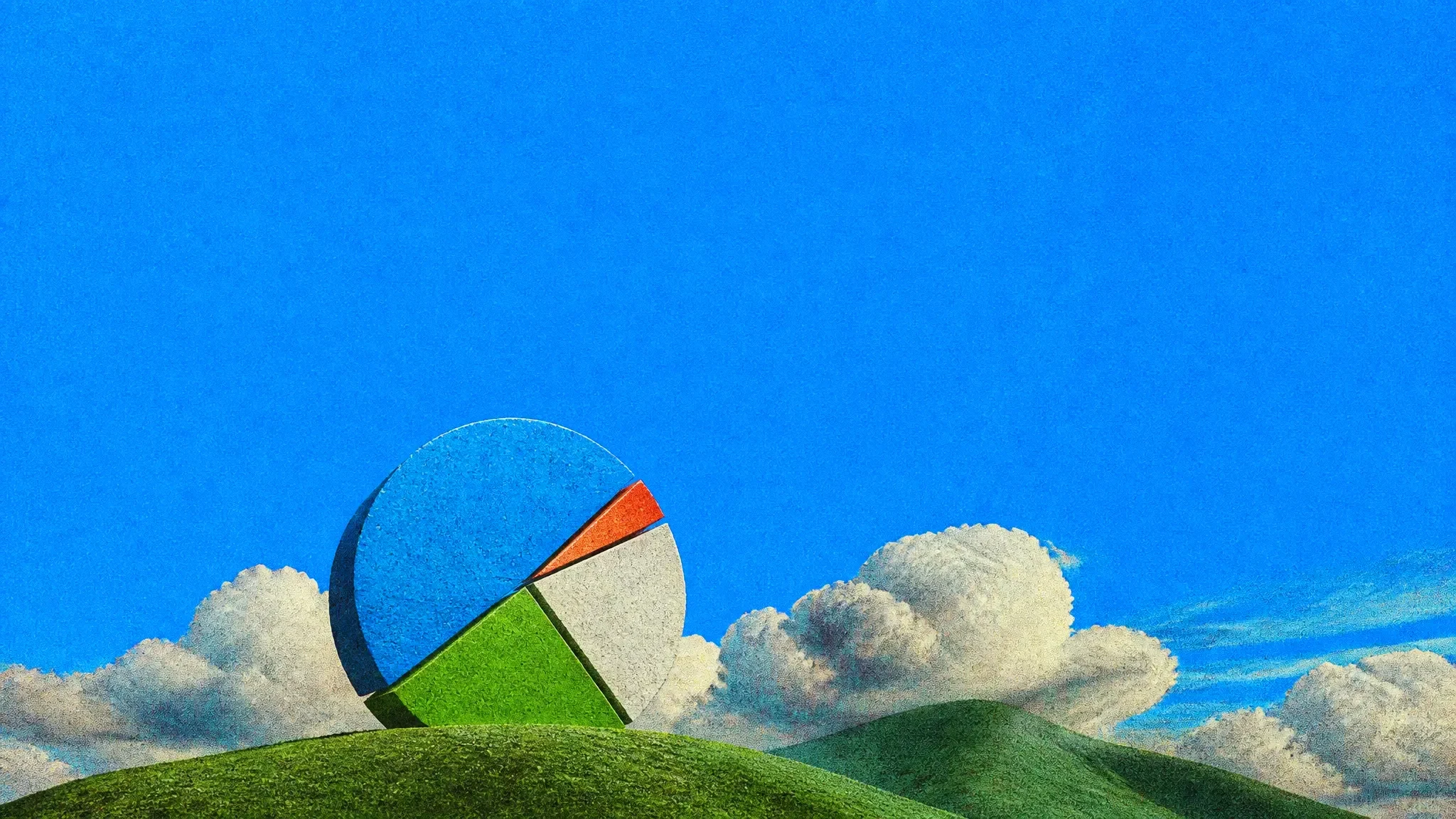 A giant stone pie chart standing on a green hill