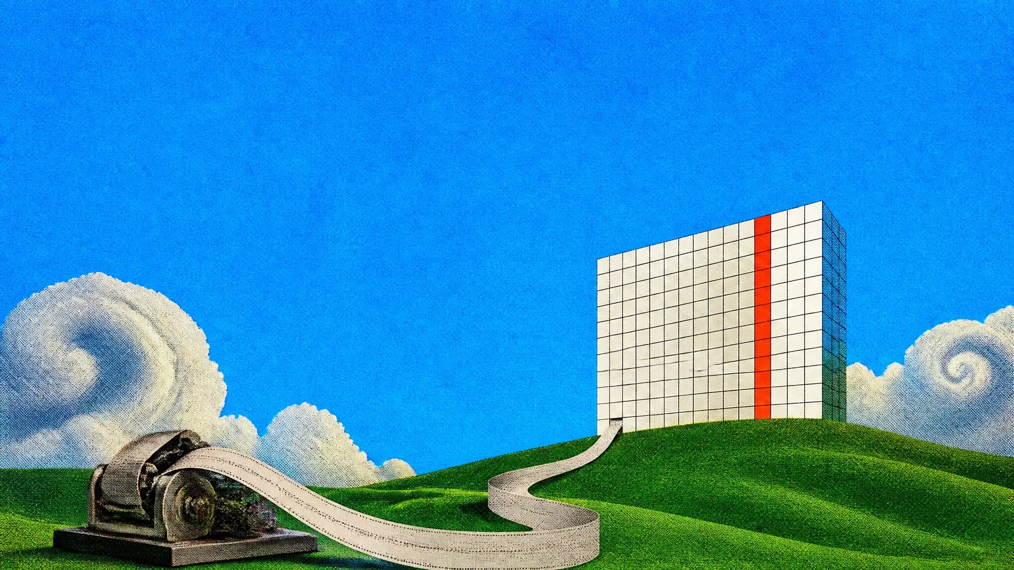 A strip of raw paper feeding into a giant spreadsheet grid on a green hill