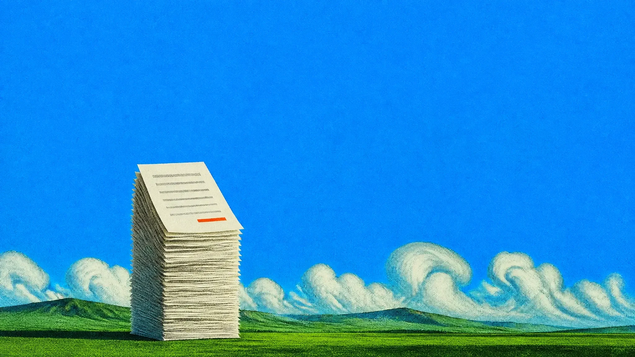 A giant stack of receipts on a green plain