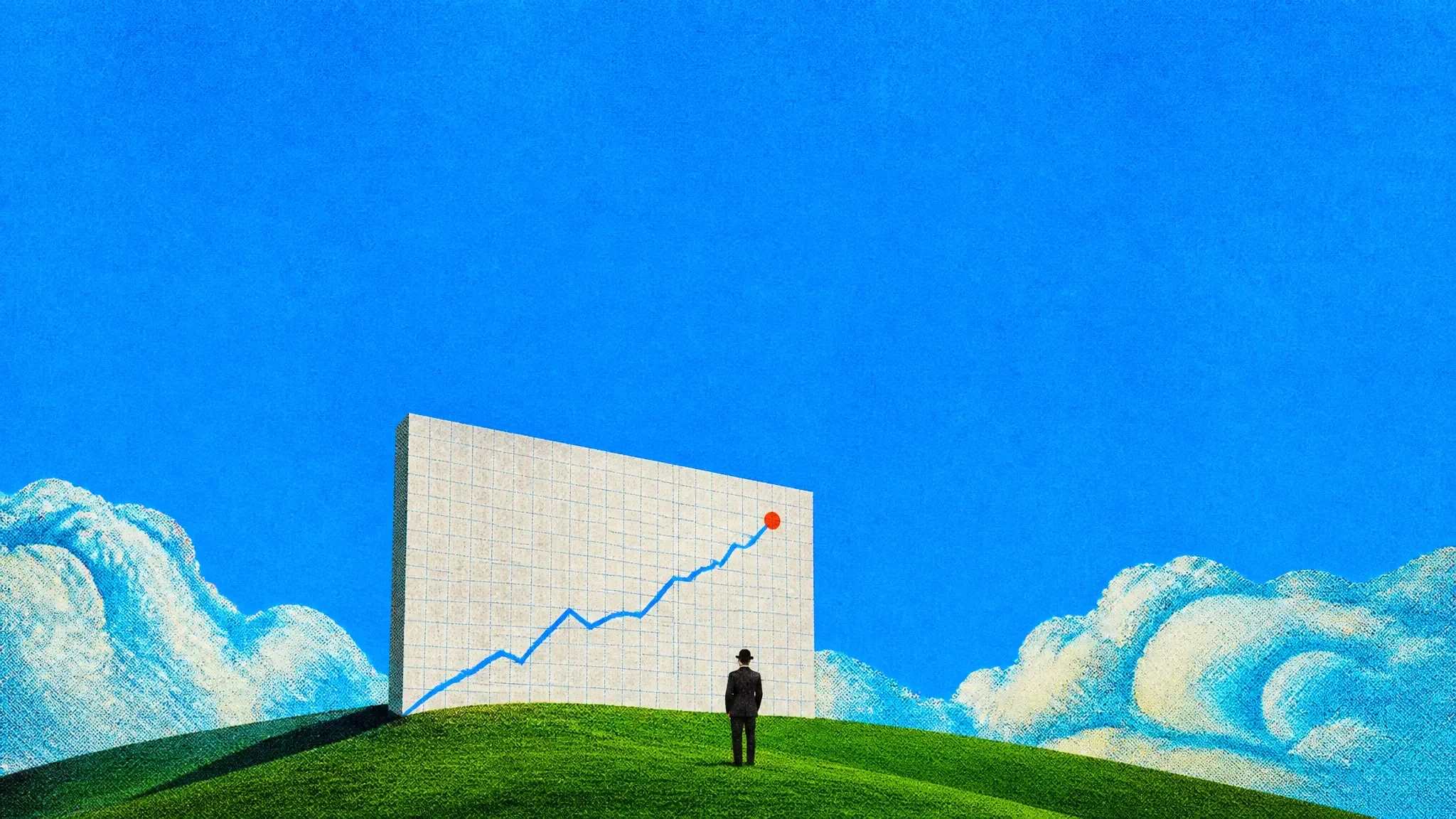 A giant rising line chart board on a green hill