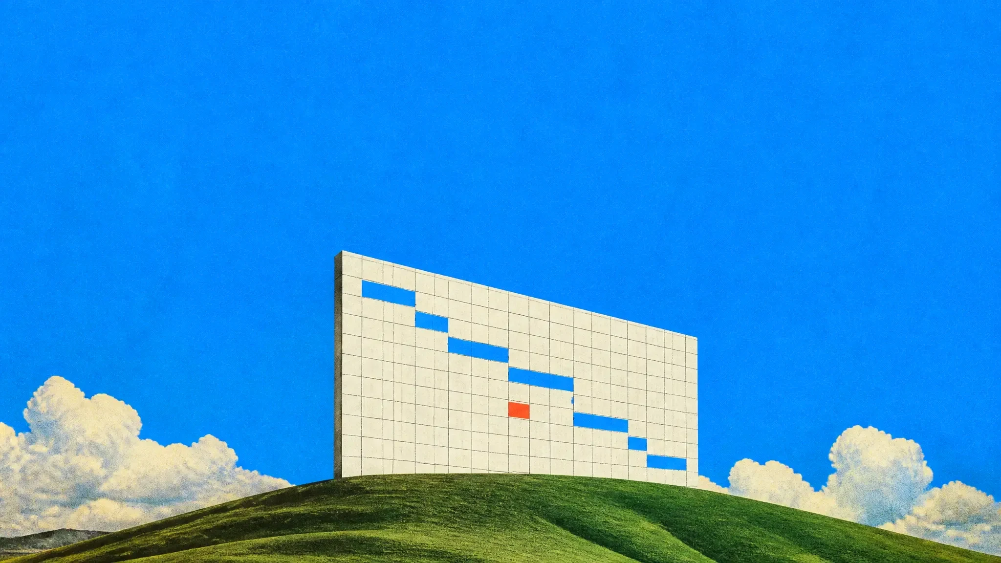 A giant Gantt chart board standing on a green hill