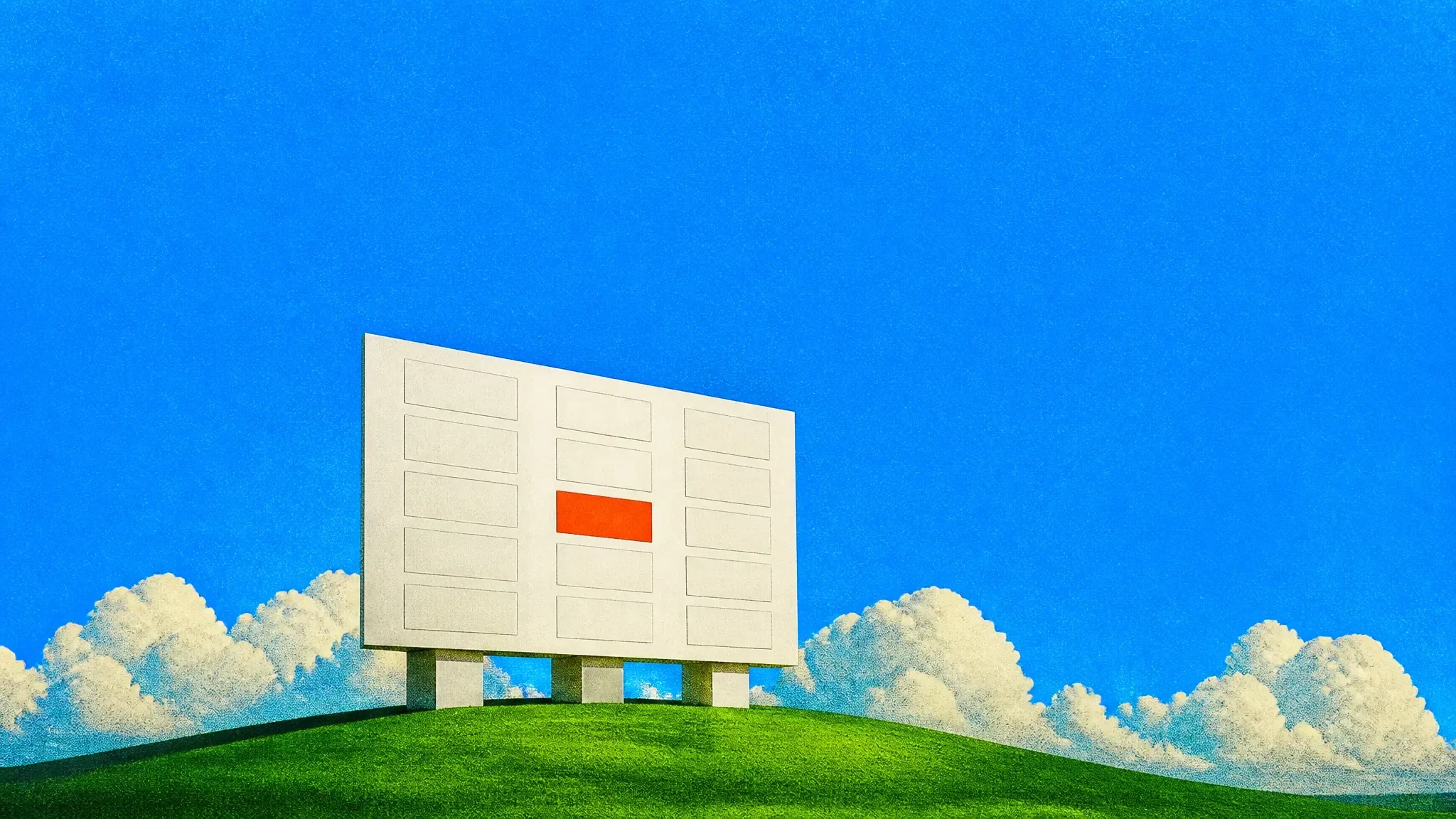 A giant task board with three columns of cards on a green hill
