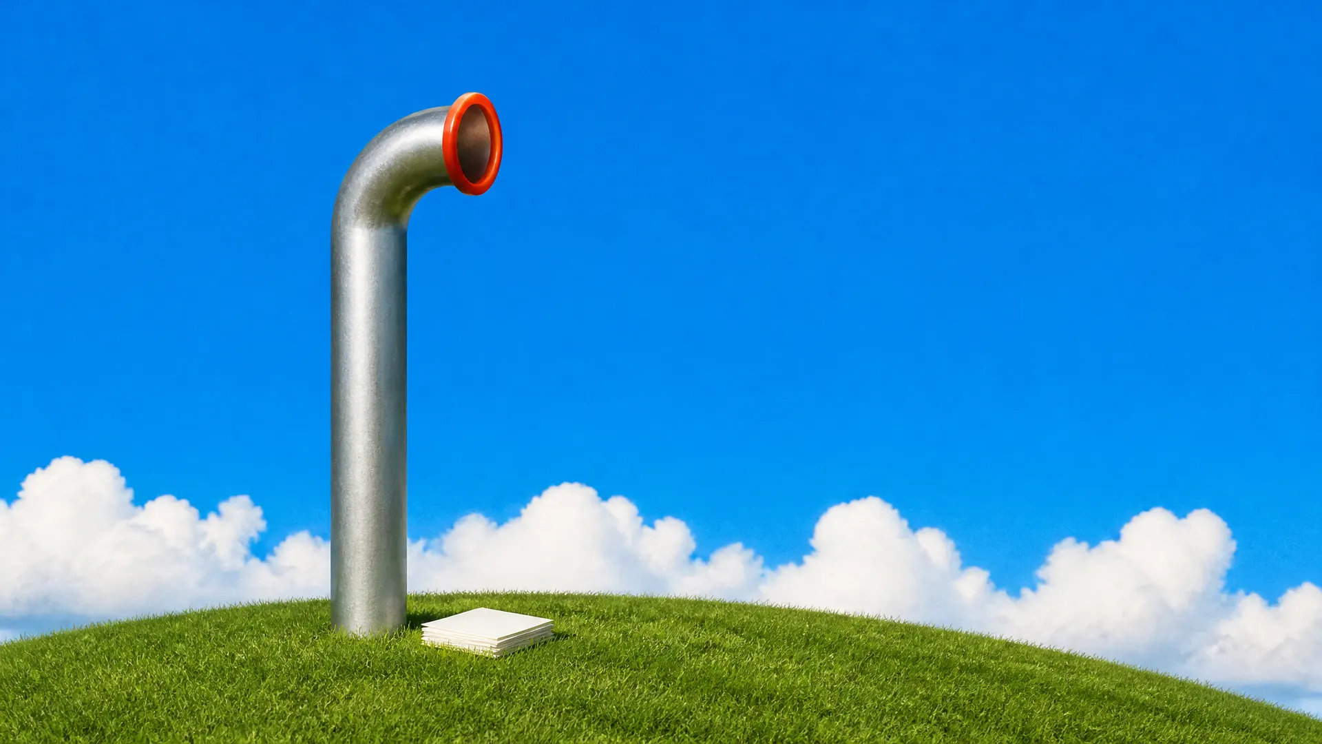 A steel periscope with an orange eyepiece rising out of a grassy hill beside a small stack of blank cards.