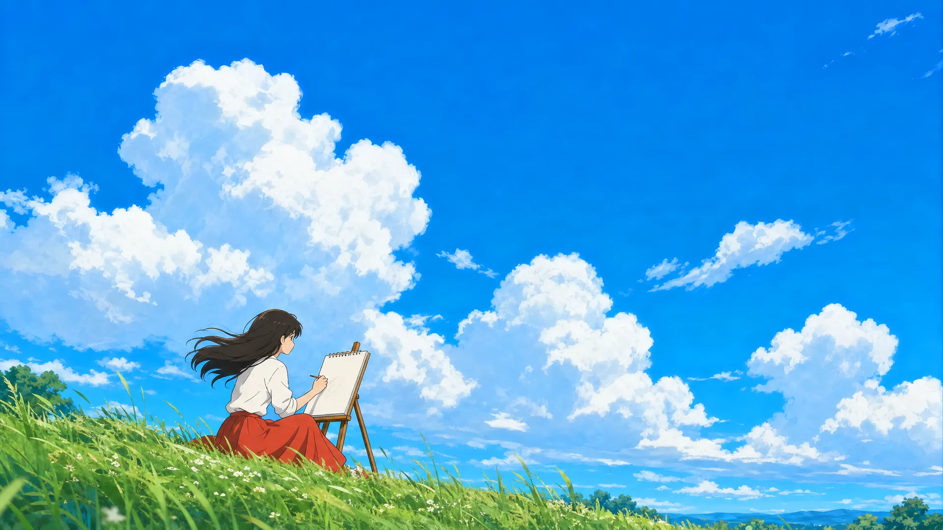 An anime girl in a red skirt sketching at an easel on a grassy hilltop under towering summer clouds