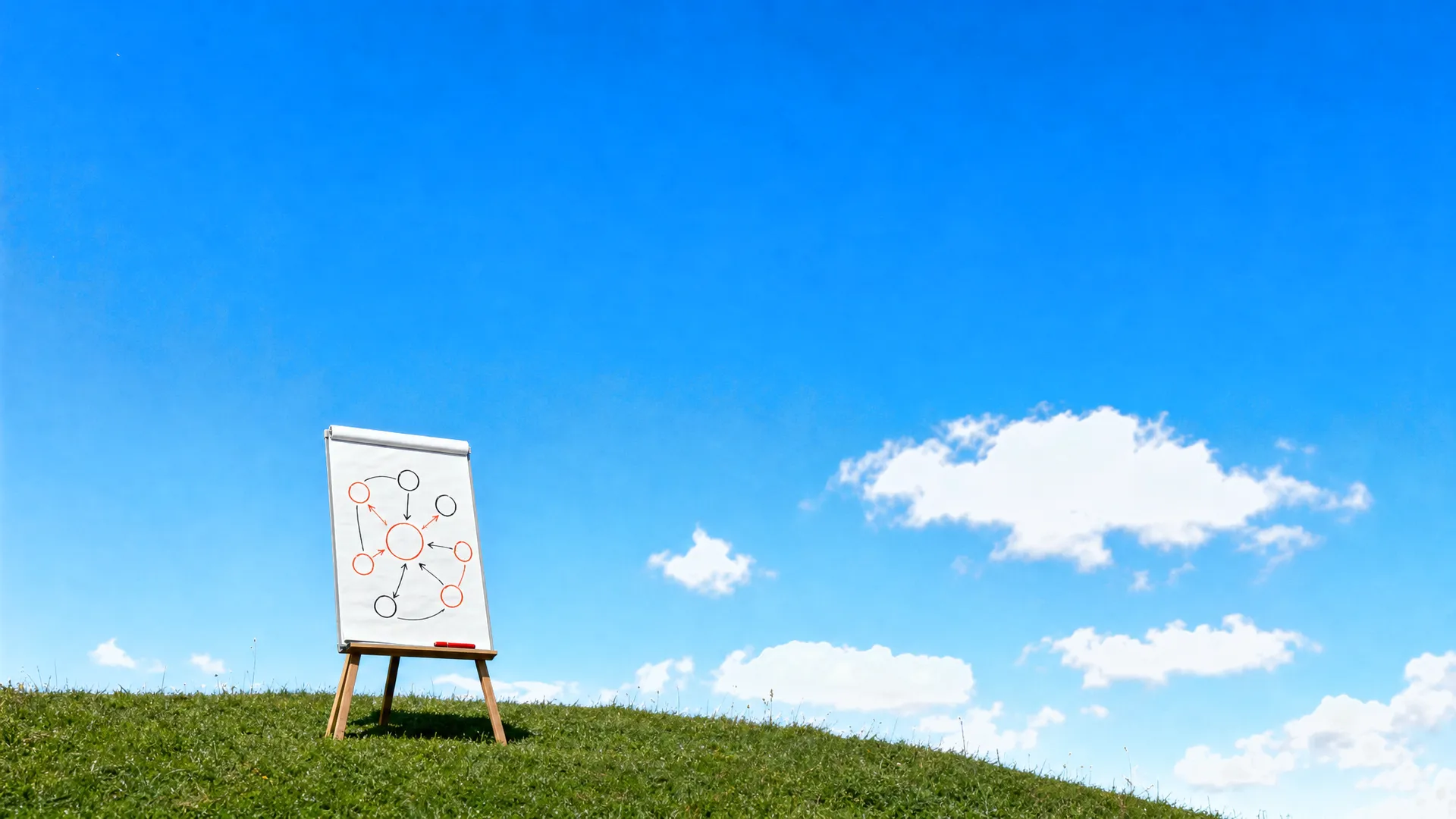 A flip chart on an easel on a hilltop, a hand-drawn diagram of circles and arrows on its page