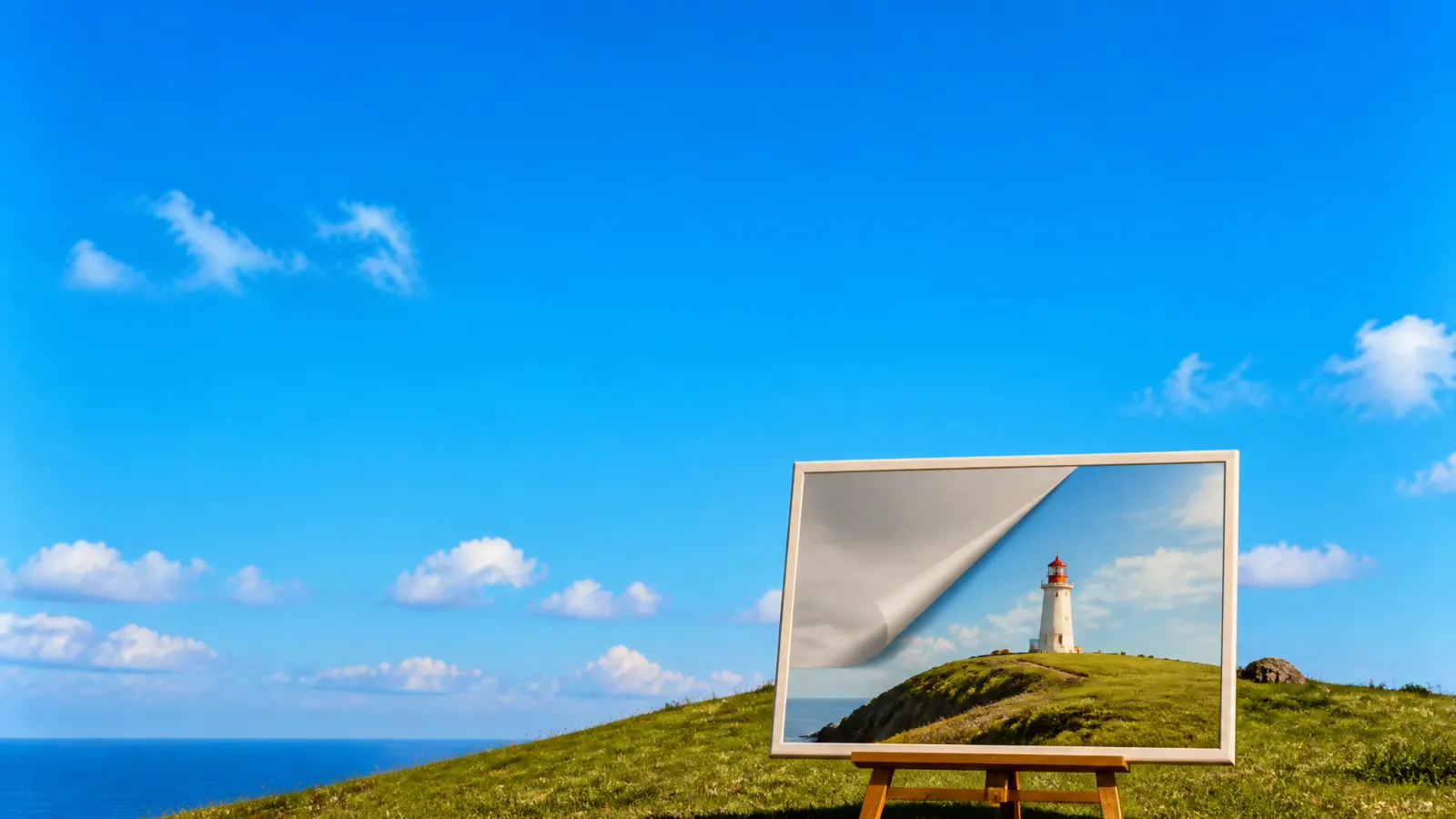 A framed photo on a hill, its grey sky peeling away to reveal blue