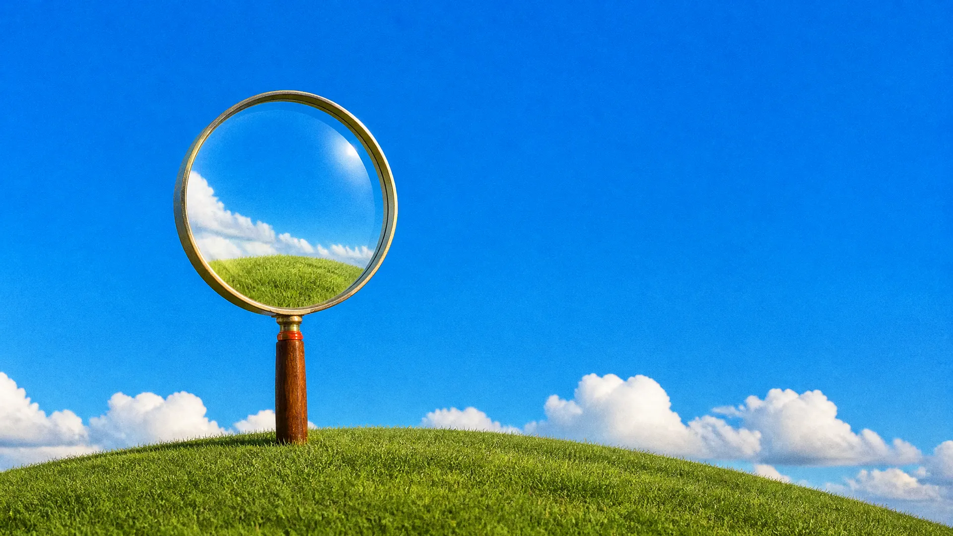 A giant magnifying glass standing in the grass on a hilltop, its lens showing the hill and clouds behind it.
