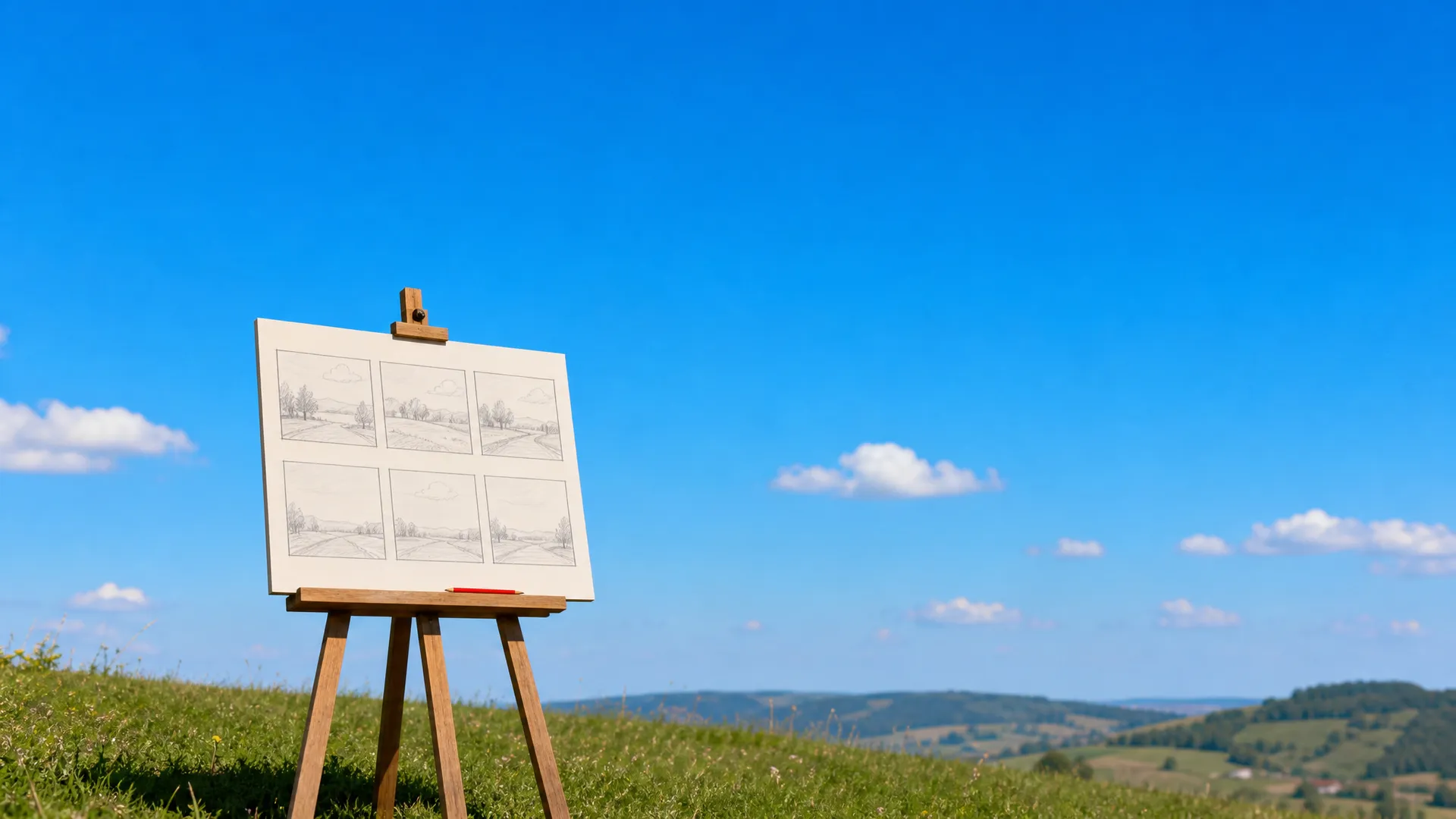 A storyboard of six pencil-sketched frames on an easel on a grassy hilltop, a red pencil on its ledge