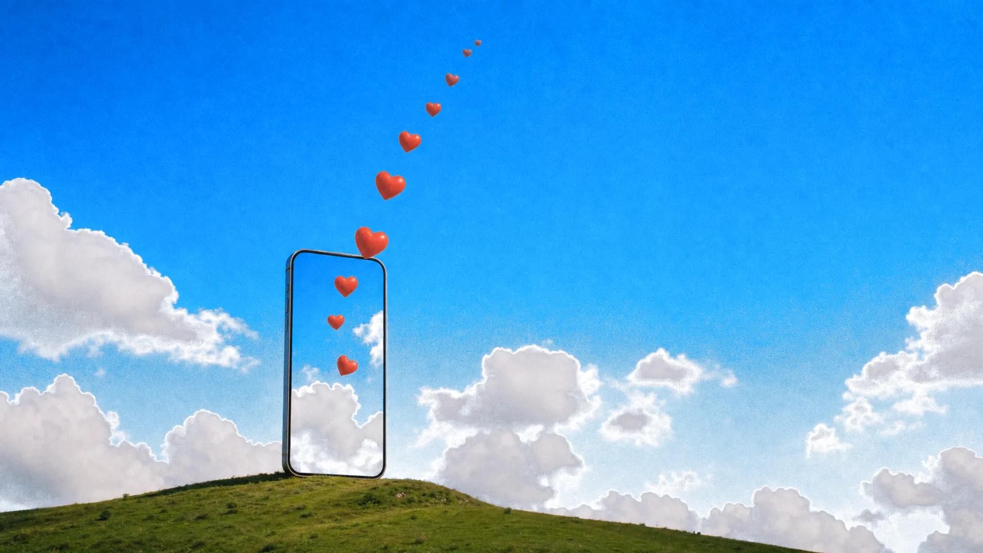 A giant phone standing on a hilltop, hearts floating out of its screen into the sky