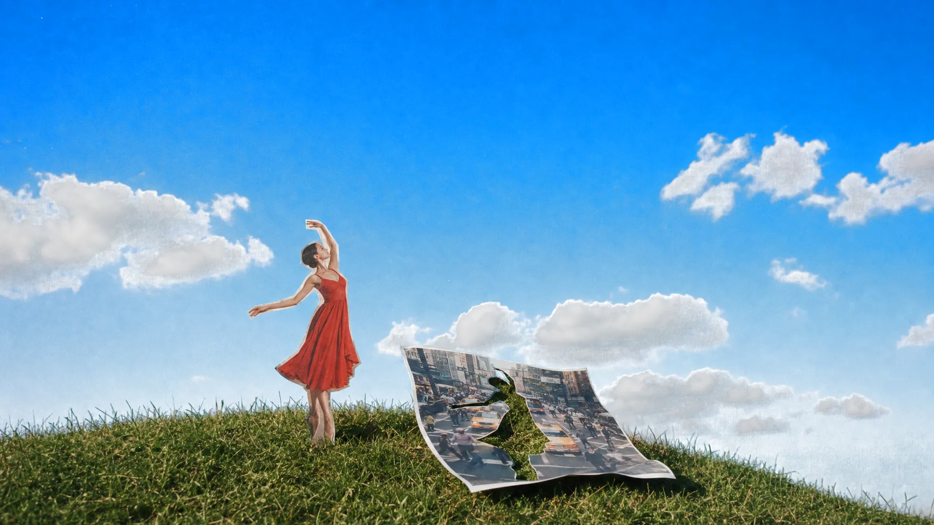 A paper cut-out of a dancer on a hilltop, beside the street photo she was cut from