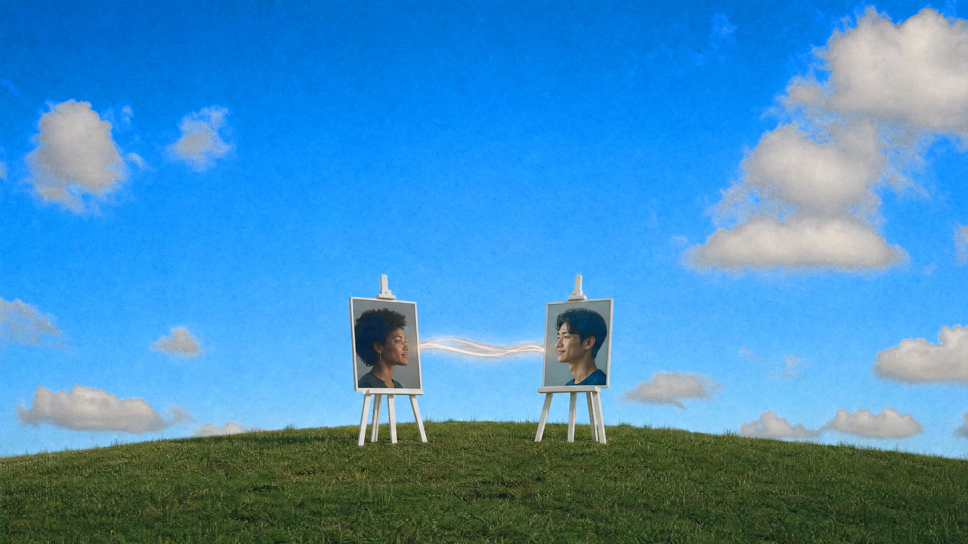 Two portraits on easels on a hilltop, a ribbon of light passing between the faces
