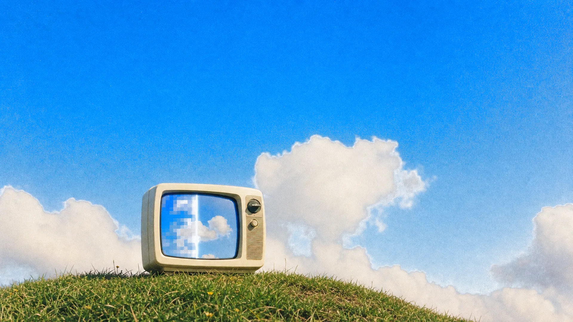 An old television on a hilltop, its screen showing the sky half pixelated and half sharp