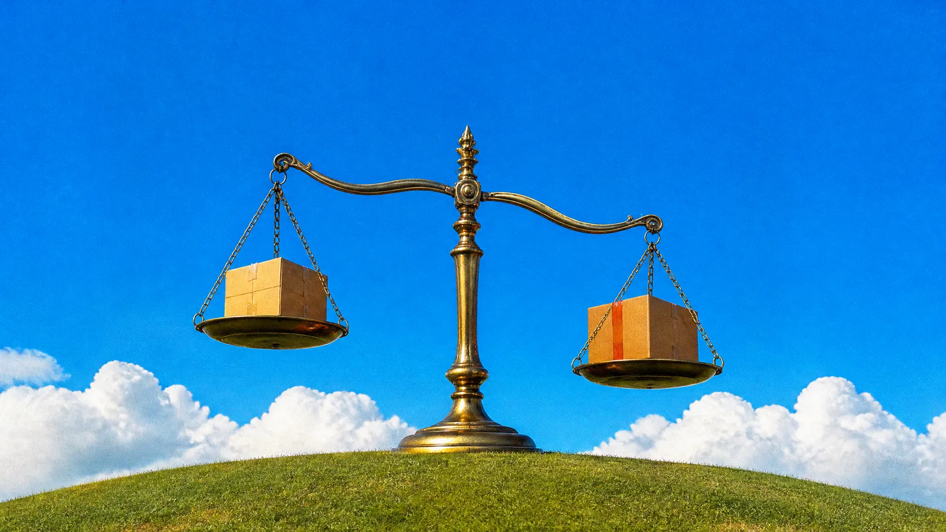 An antique brass balance scale on a hilltop weighing two cardboard parcels, one sealed with orange tape.