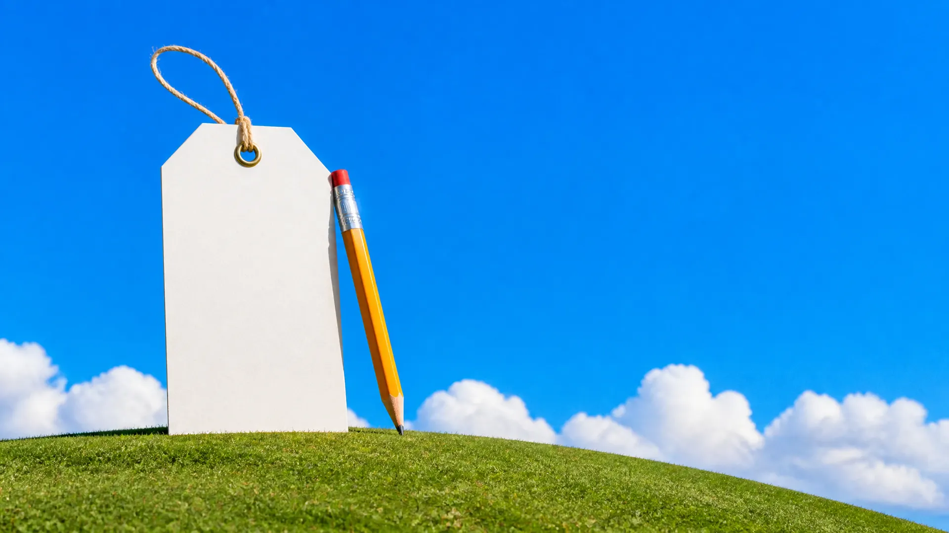 A giant blank product tag on a string with a yellow pencil leaning against it on a grassy hill.