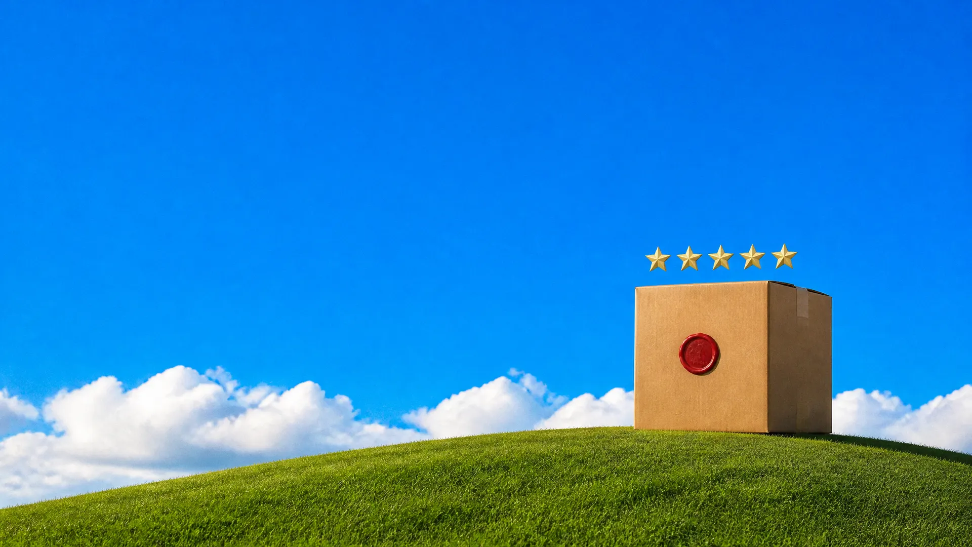 A brown cardboard parcel with an orange wax seal and five gold stars above it on a grassy hill.