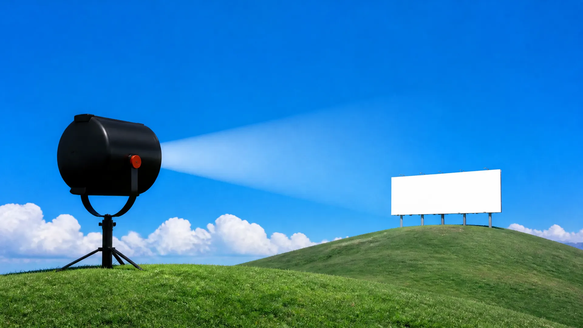 A black spotlight with an orange knob on a grassy hill, shining its beam onto a blank billboard on a far hill.