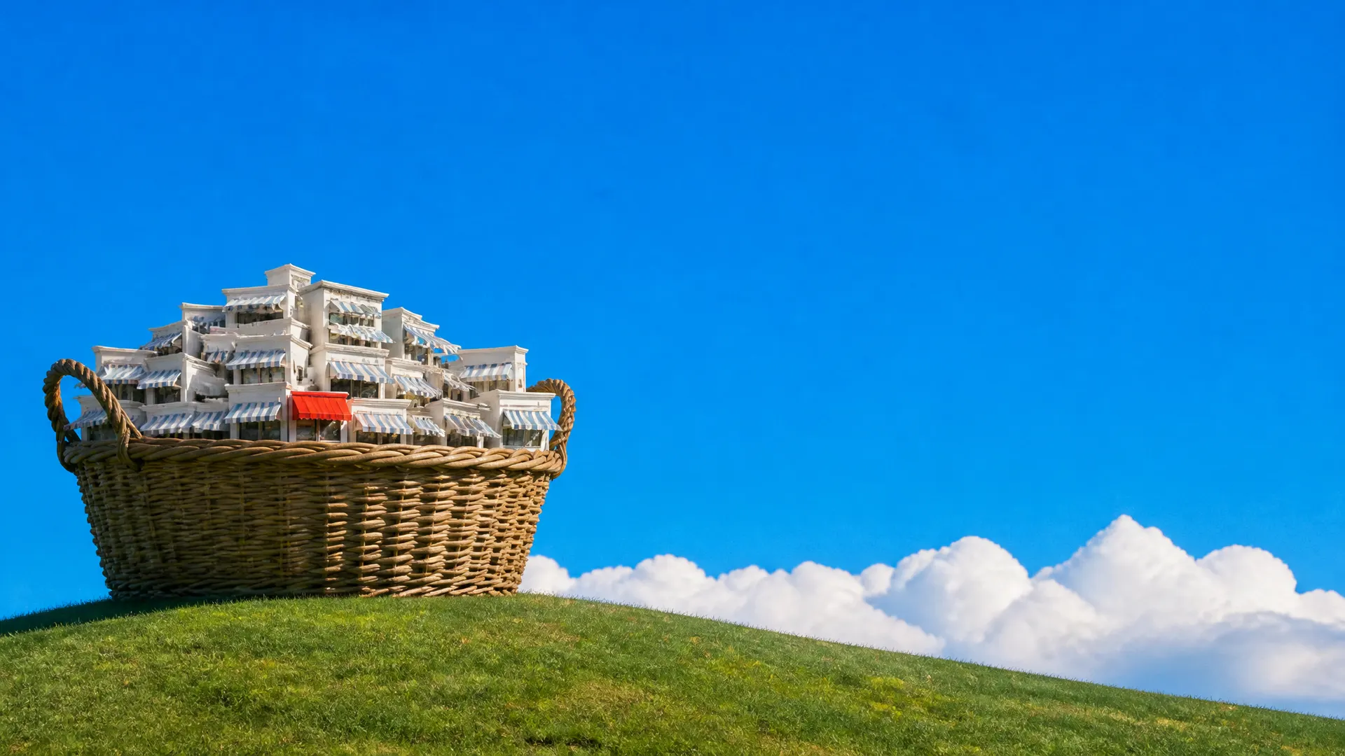 A giant wicker basket full of small white shop buildings, one with an orange awning, on a grassy hill.
