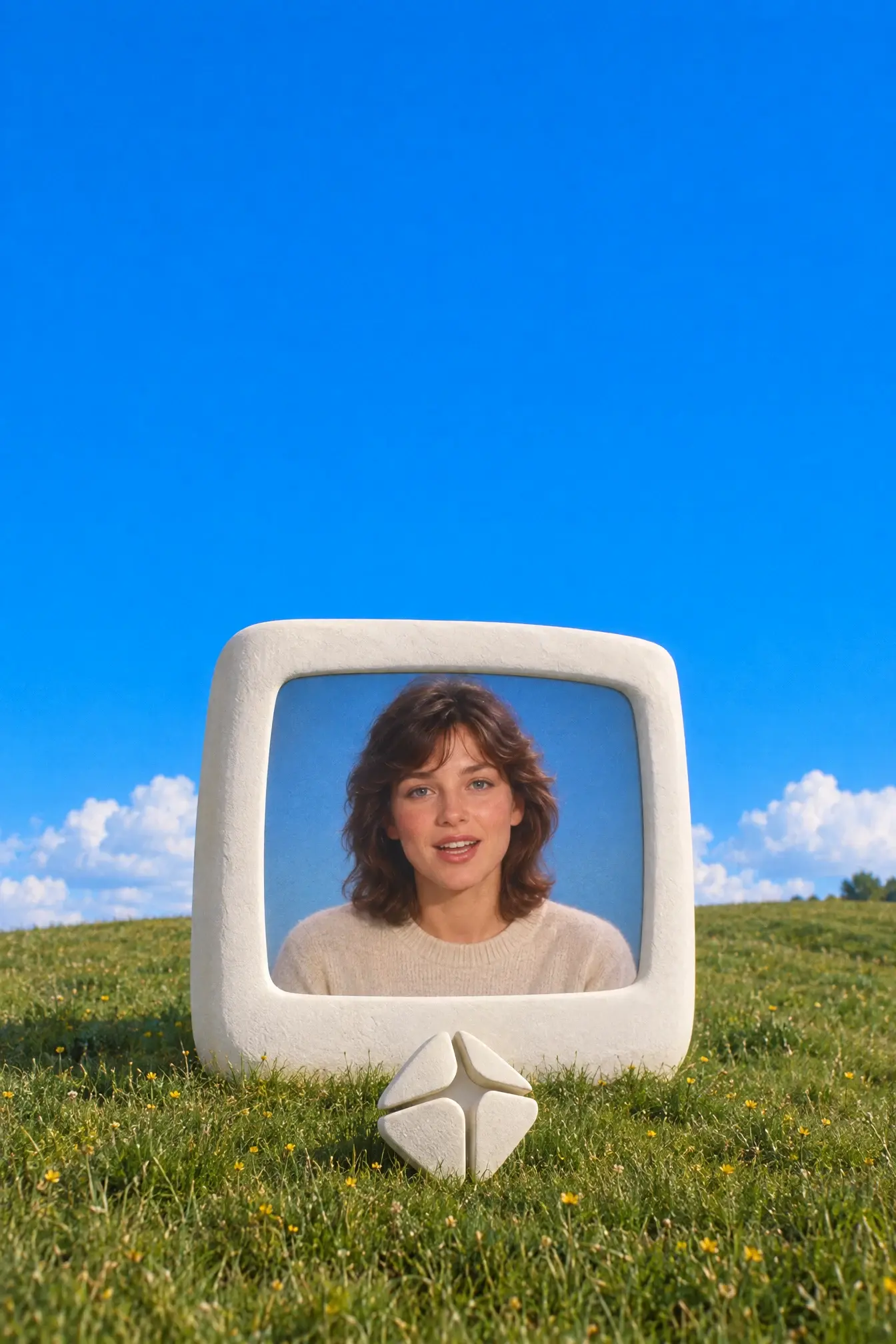 A white monitor on a grassy hill showing a presenter mid-sentence, the HeyGen mark in stone at its foot