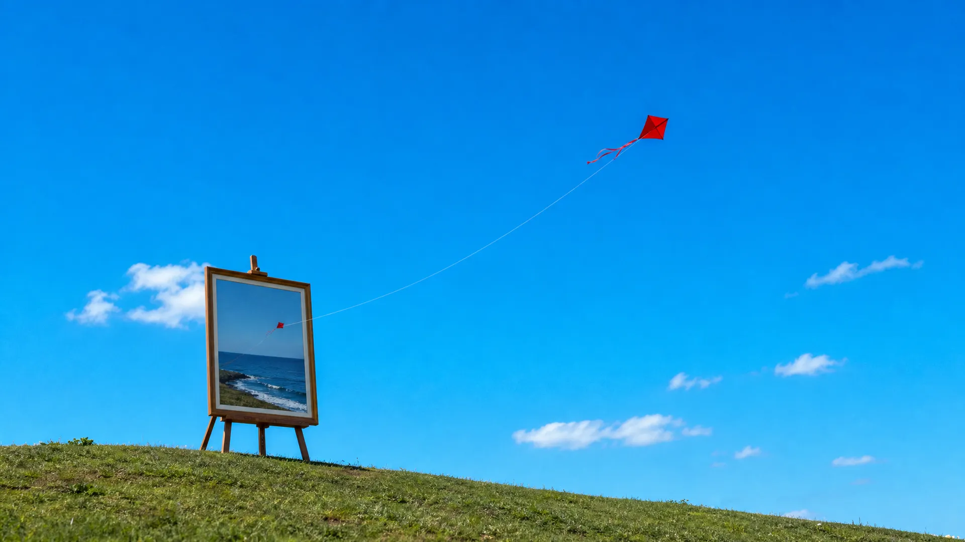 A framed seaside photo on an easel on a hilltop, a red kite flying out of the picture into the sky