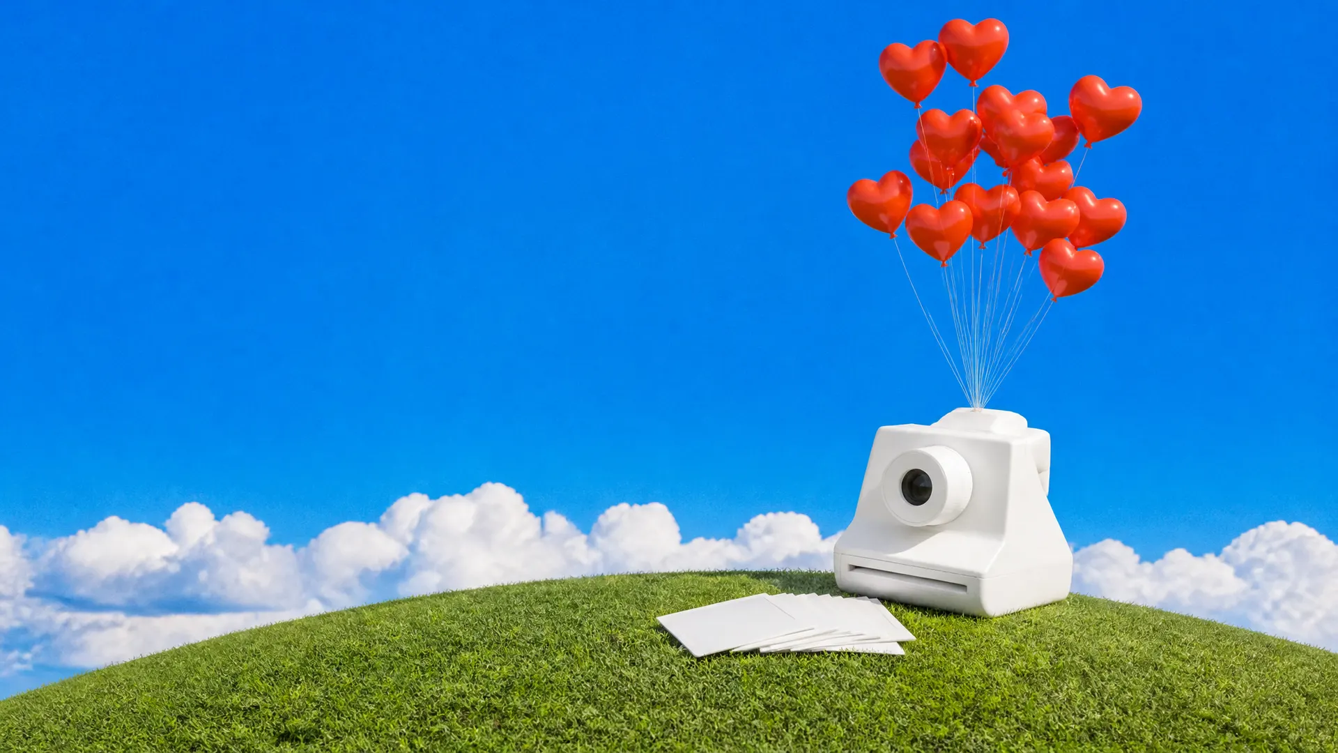 A white instant camera on a grassy hill with a bunch of orange heart balloons rising from it and blank photos beside it.