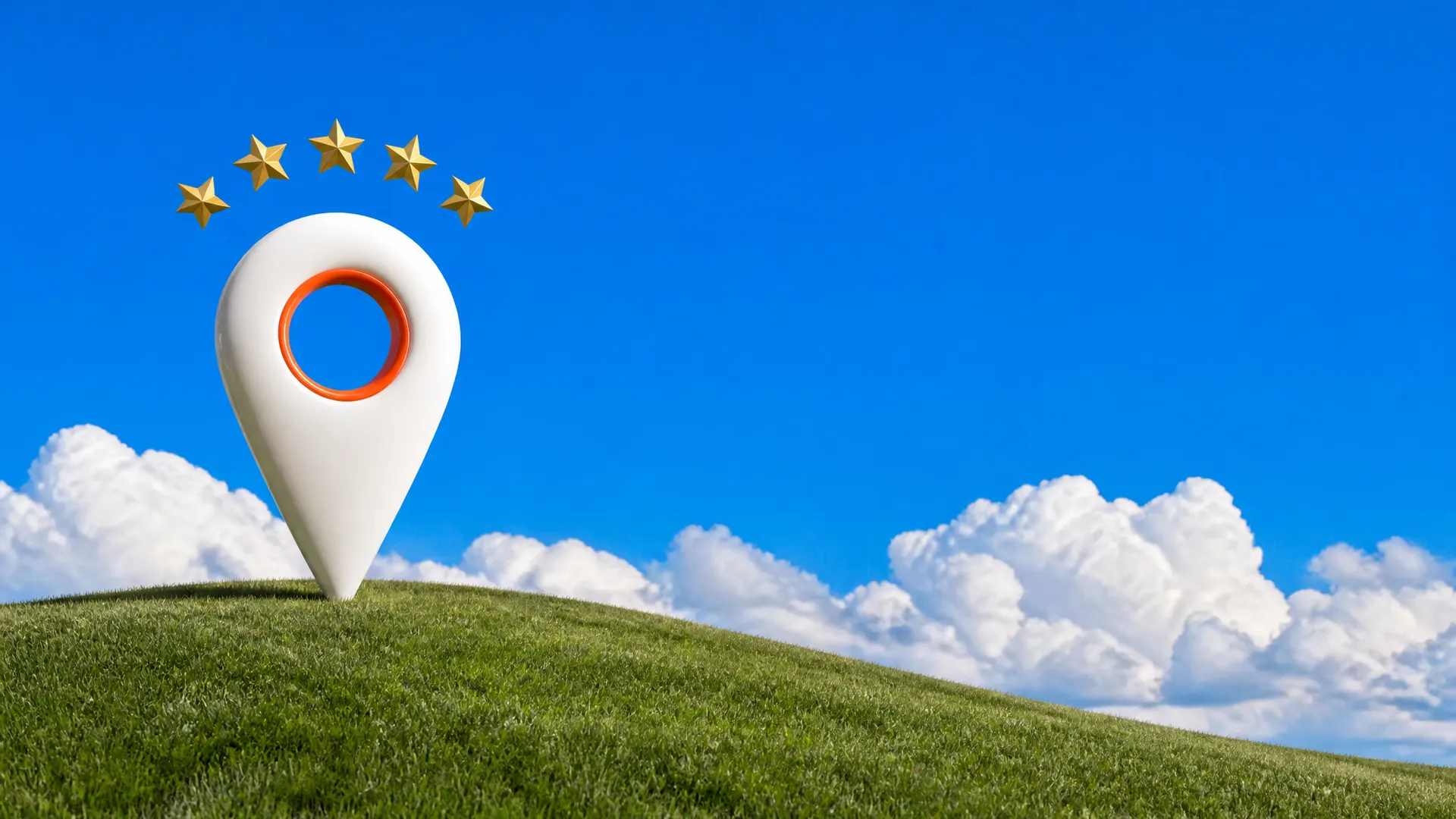 A white map pin with an orange ring and five gold stars above it on a grassy hill under a blue sky.