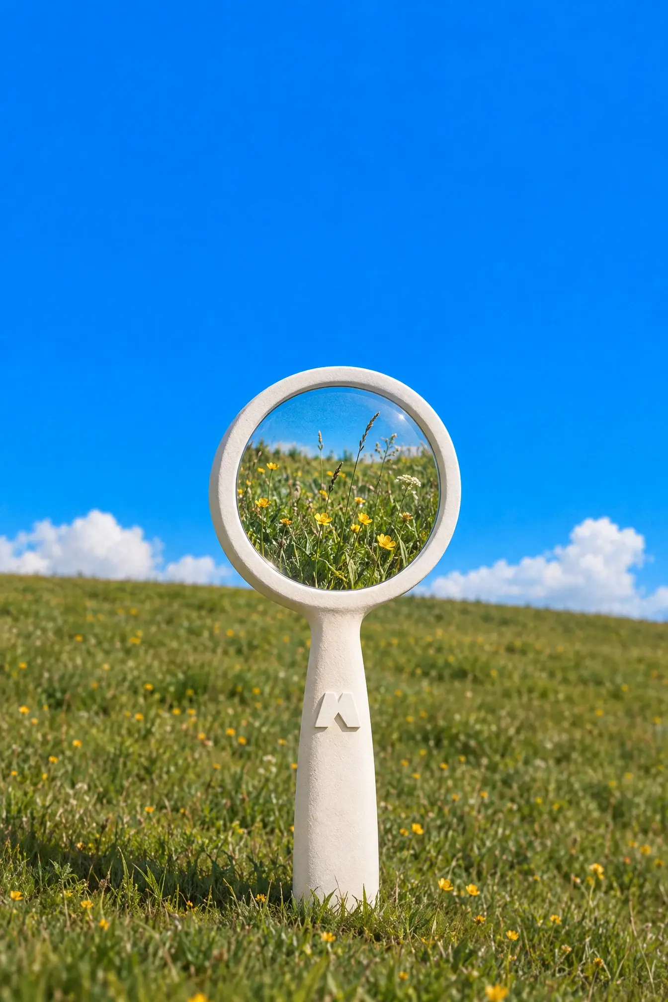 A white magnifying glass standing in a meadow, the flowers sharp through its lens, the Magnific mark on its handle