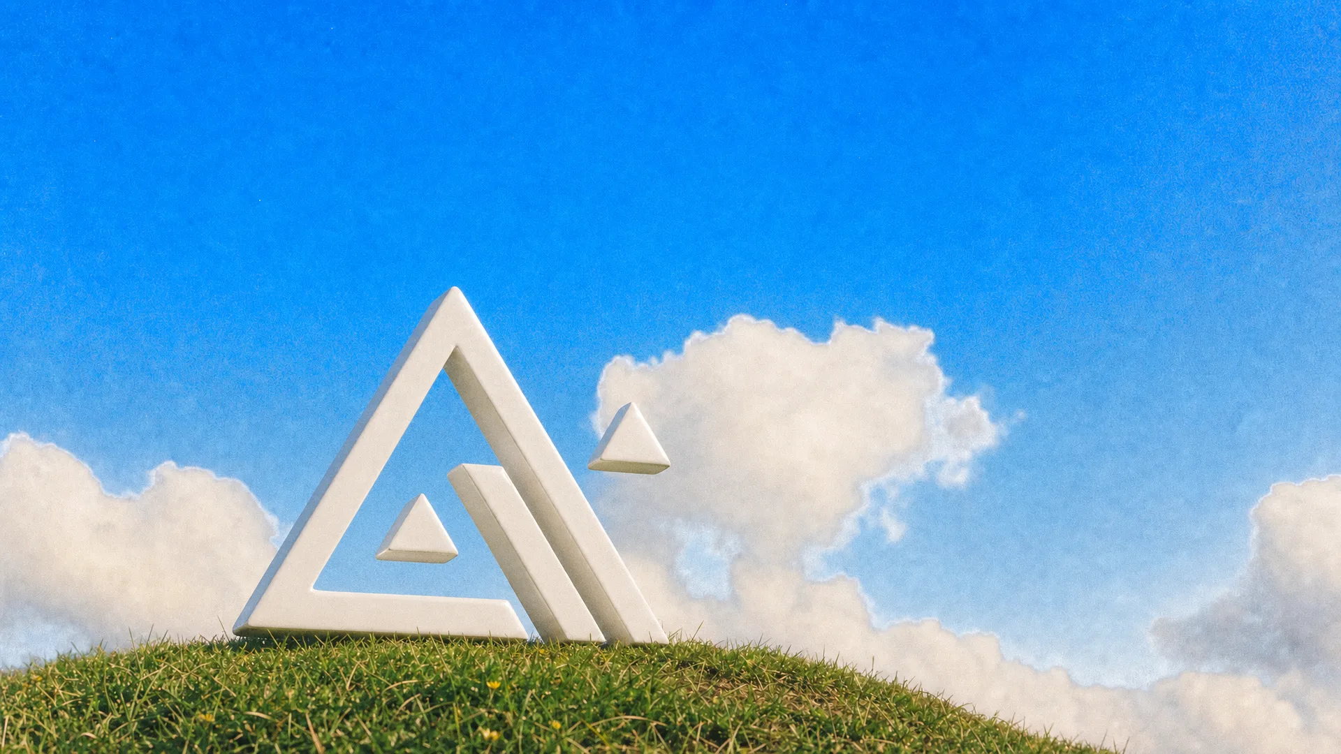 The Flux triangle logo as a white sculpture on a grassy hilltop under a blue sky