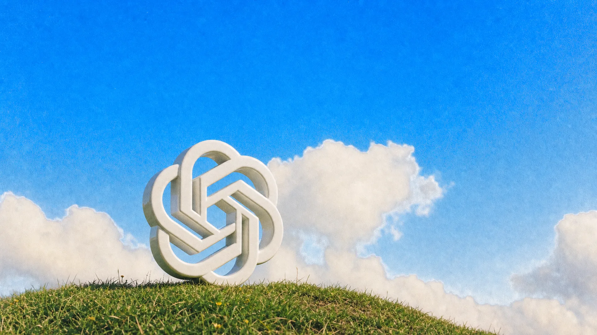 The GPT Image interlocking logo as a white sculpture on a grassy hilltop under a blue sky