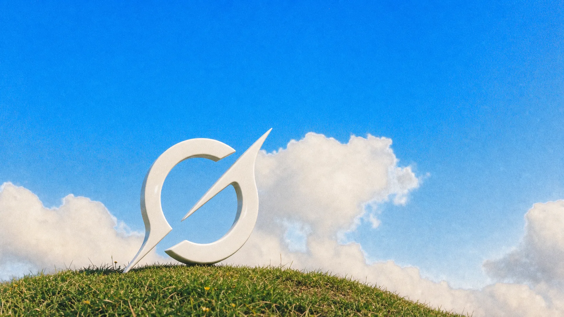 The Grok Imagine ring-and-slash logo as a white sculpture on a grassy hilltop under a blue sky