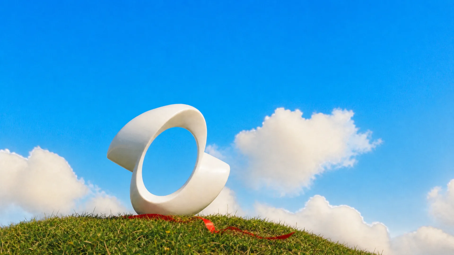The Kling ribbon logo as a white sculpture on a grassy hilltop under a blue sky, a red ribbon at its base