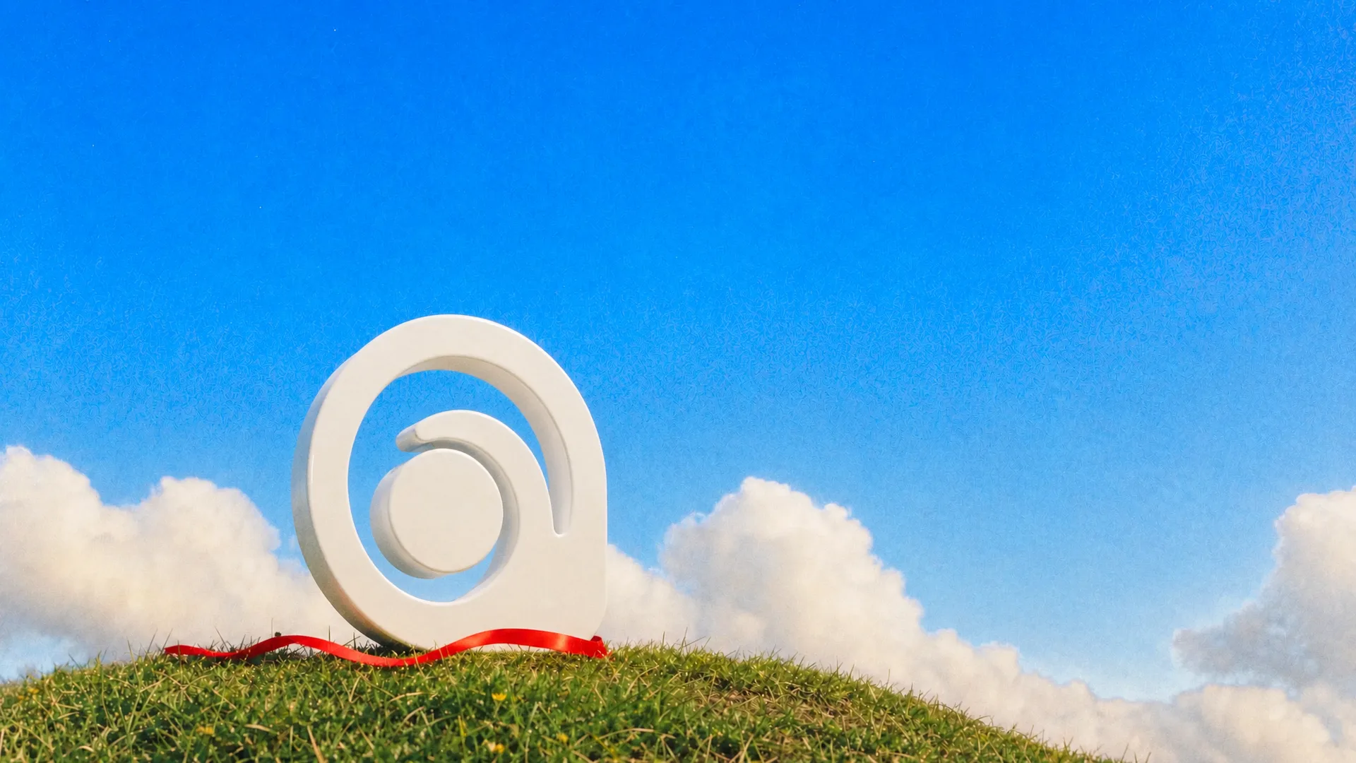 The MiniMax Hailuo logo as a white sculpture on a grassy hilltop under a blue sky, a red ribbon at its base