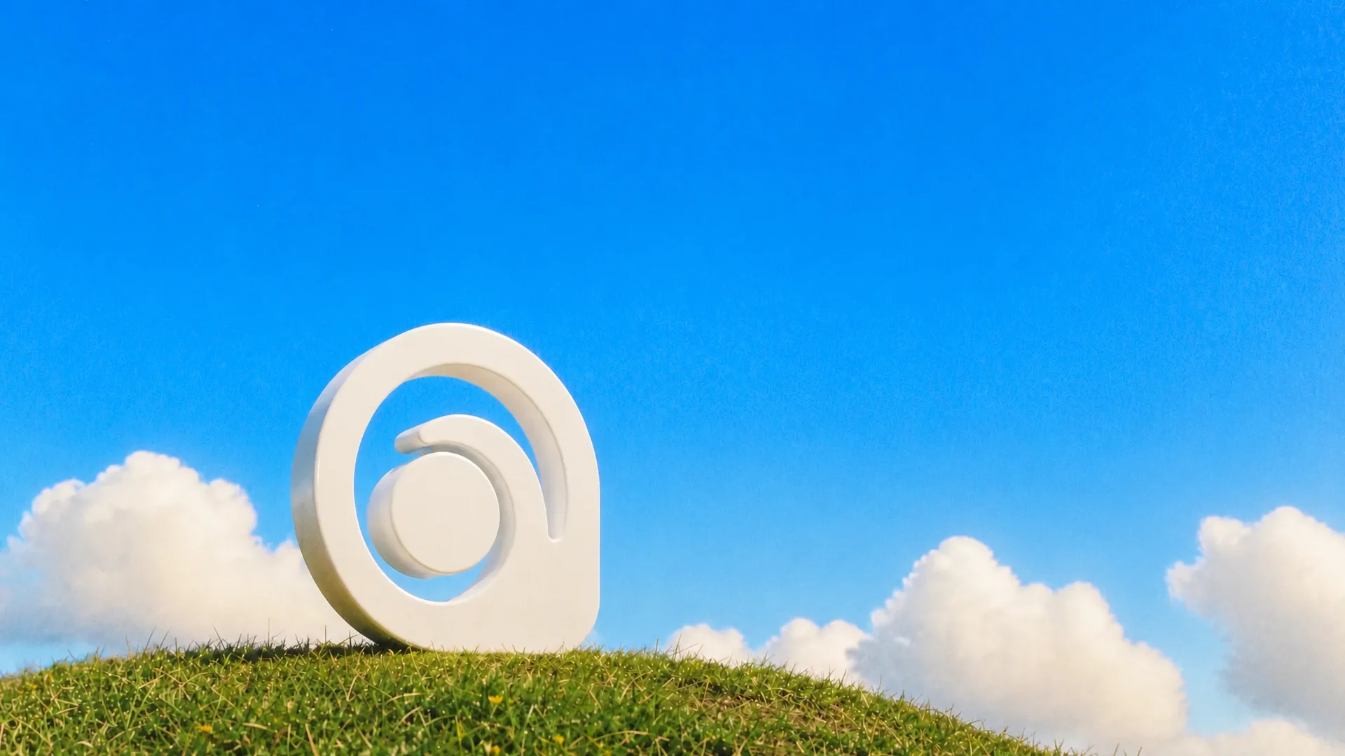 The MiniMax Hailuo logo as a white sculpture on a grassy hilltop under a blue sky