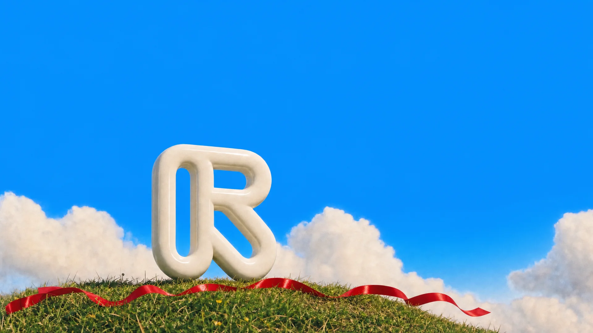 The Runway logo as a white sculpture on a grassy hilltop under a blue sky, a red ribbon at its base