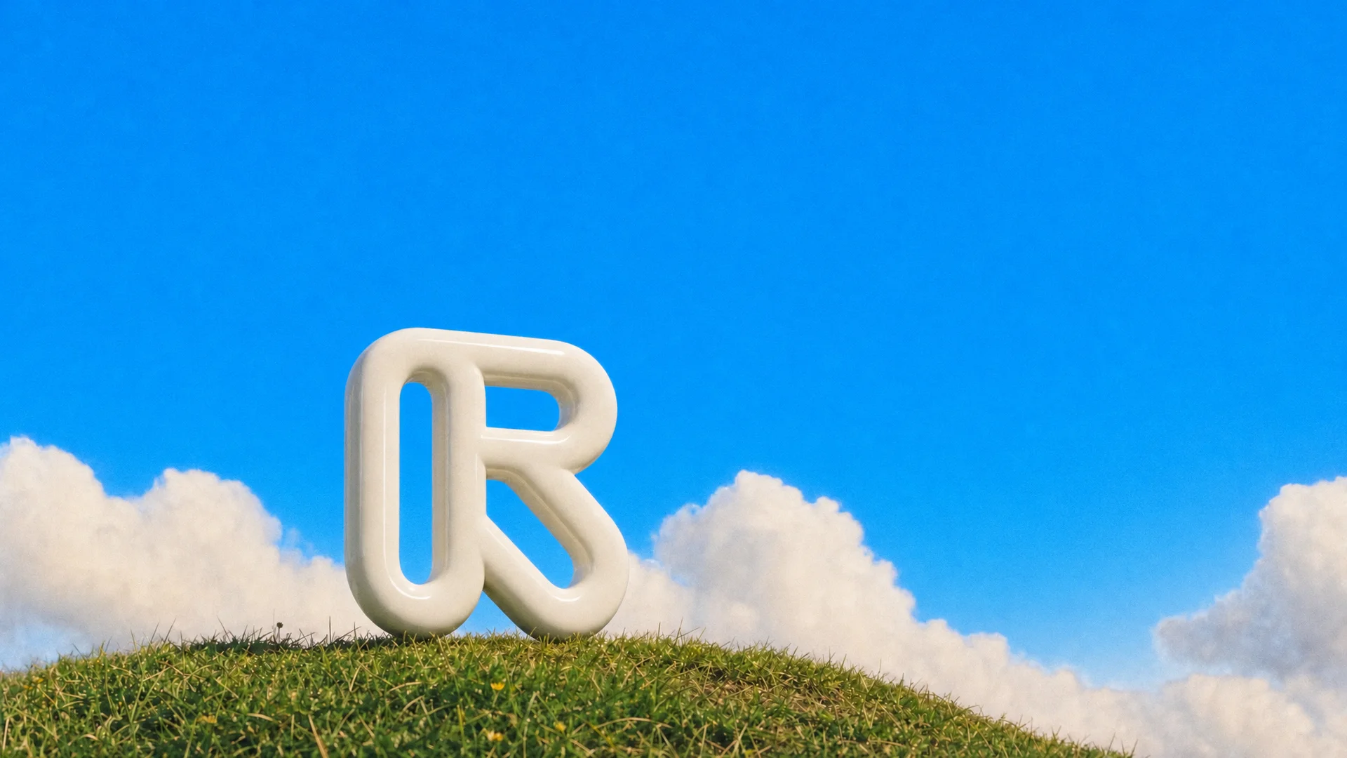 The Runway logo as a white sculpture on a grassy hilltop under a blue sky