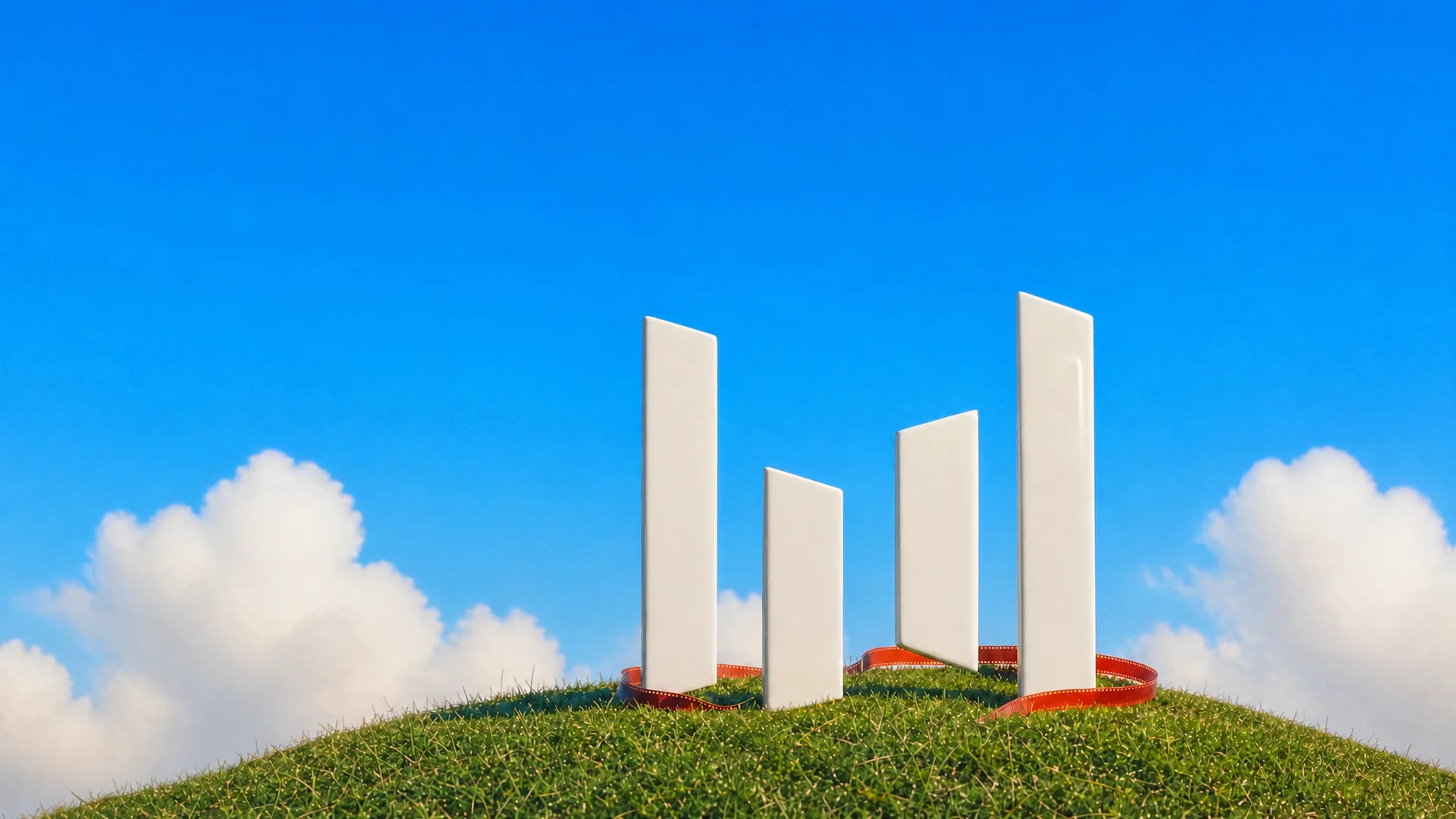The Seedance four-bar logo as a white sculpture on a grassy hilltop under a blue sky