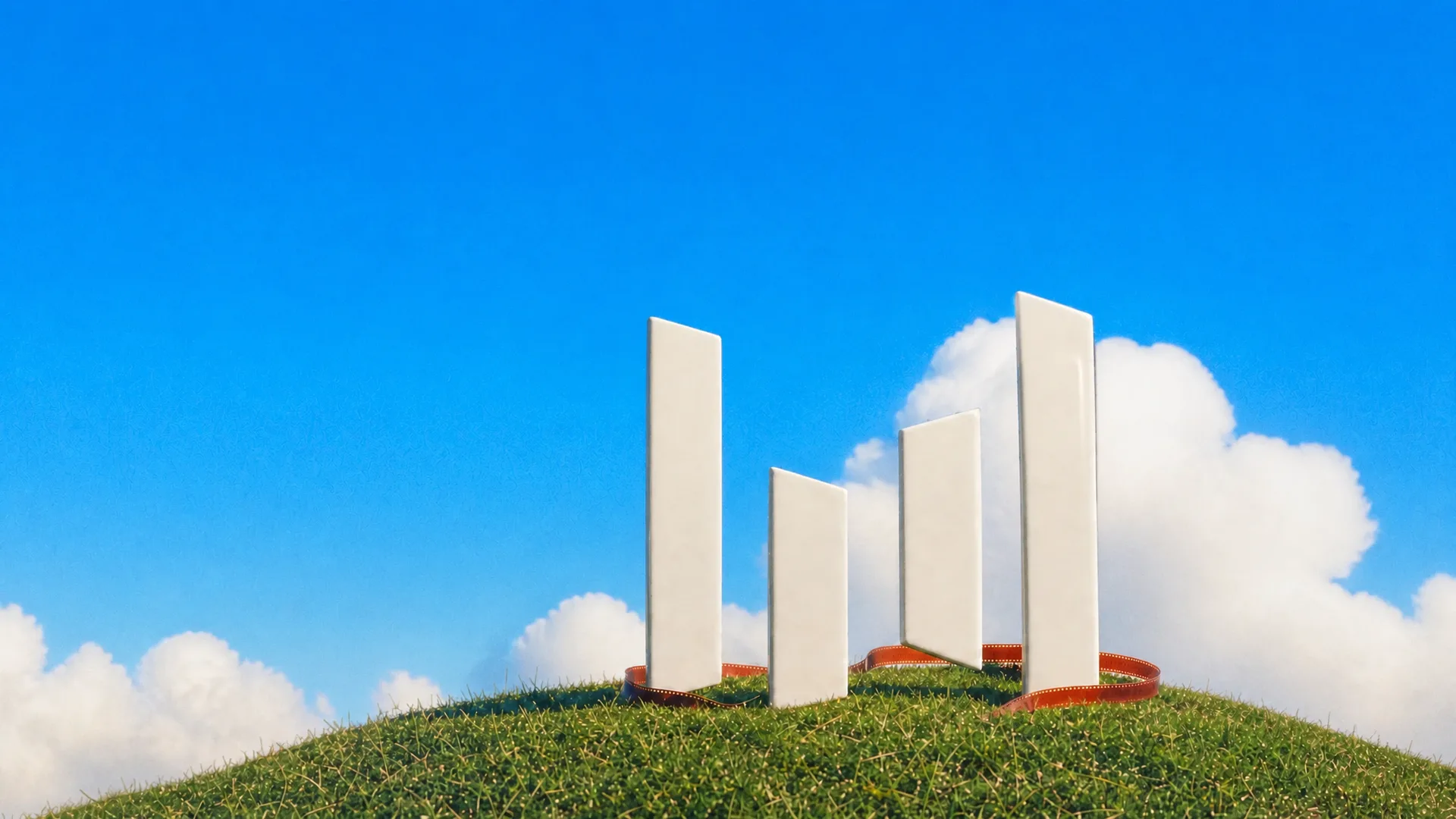 The Seedance four-bar logo as a white sculpture on a grassy hilltop, a large cloud behind it