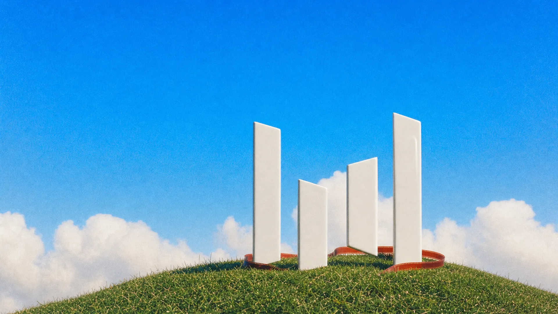 The Seedance four-bar logo as a white sculpture on a grassy hilltop under a blue sky