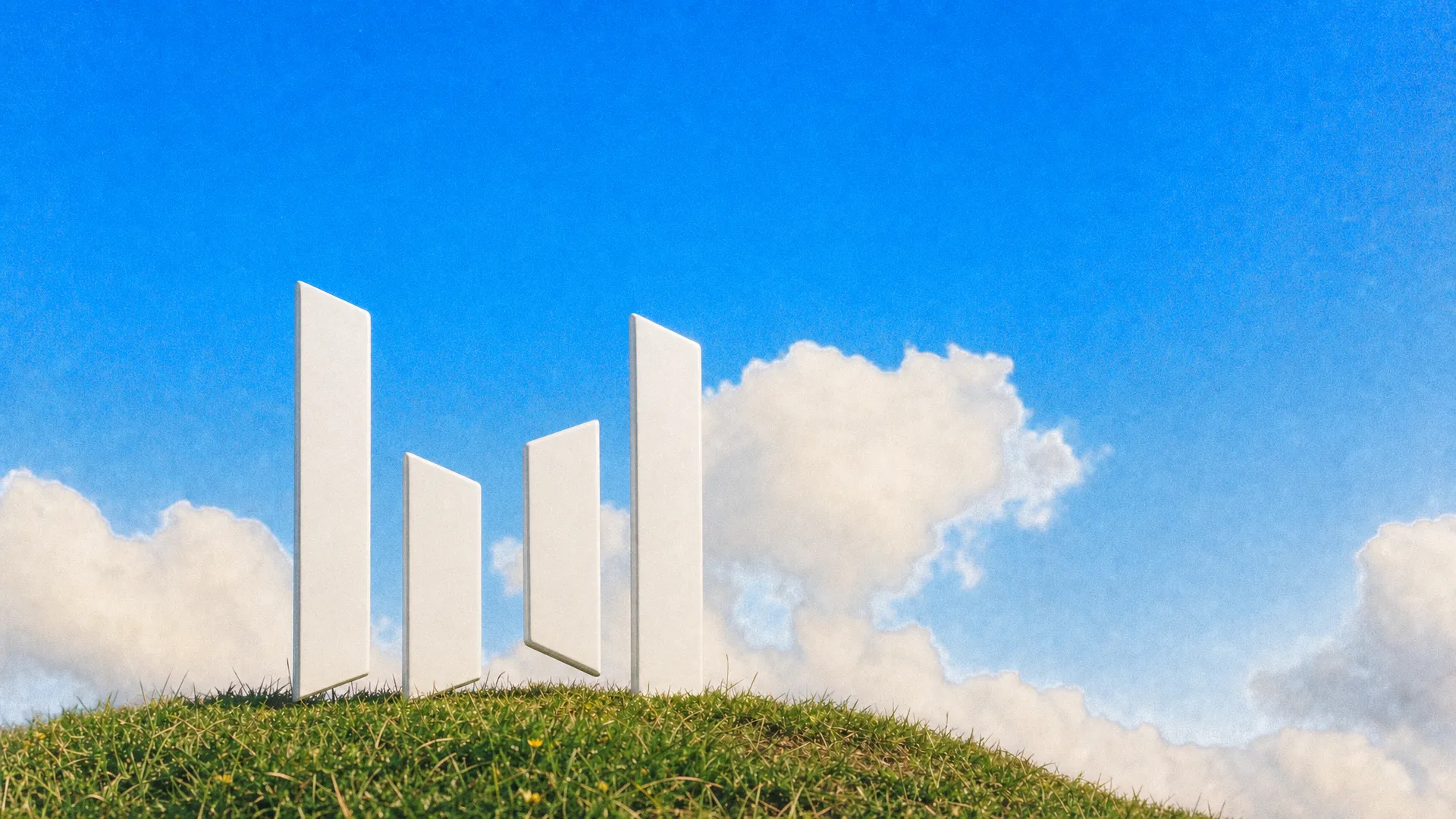 The Seedream four-bar logo as a white sculpture on a grassy hilltop under a blue sky