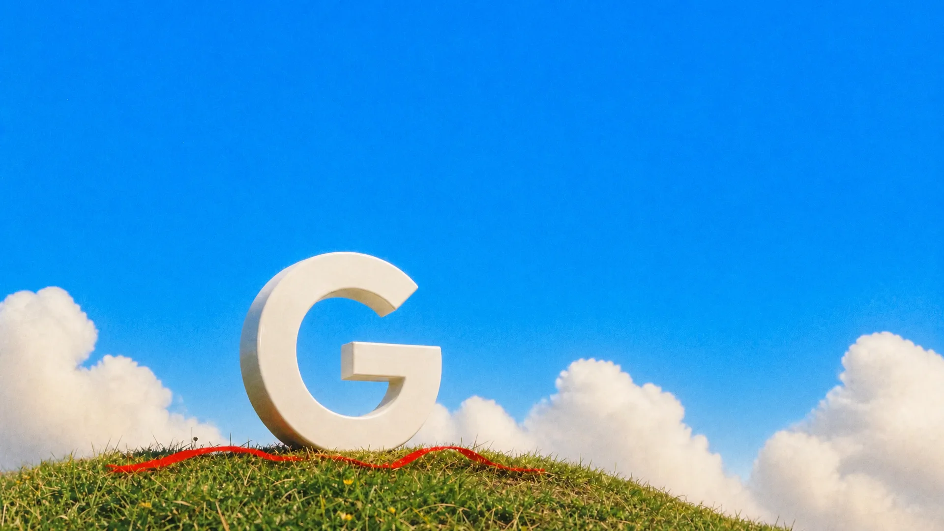 The Veo G logo as a white sculpture on a grassy hilltop under a blue sky, a red ribbon at its base