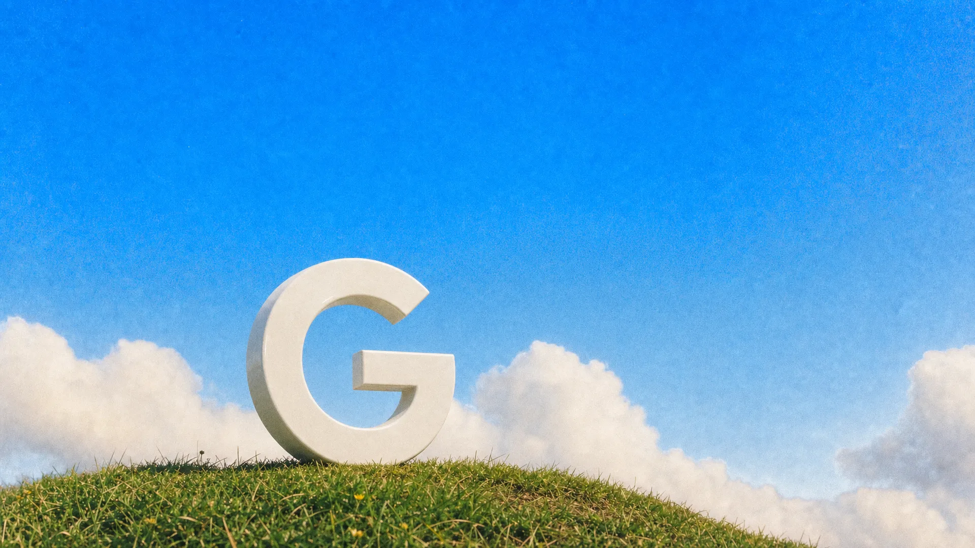 The Veo 3 G logo as a white sculpture on a grassy hilltop under a blue sky