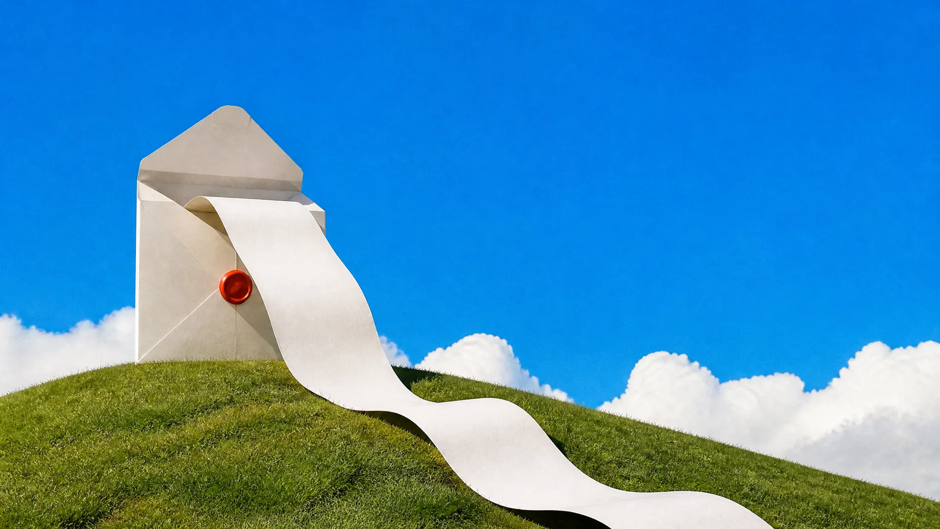 A giant open envelope with an orange wax seal on a hill, a long blank paper list unrolling down the slope.